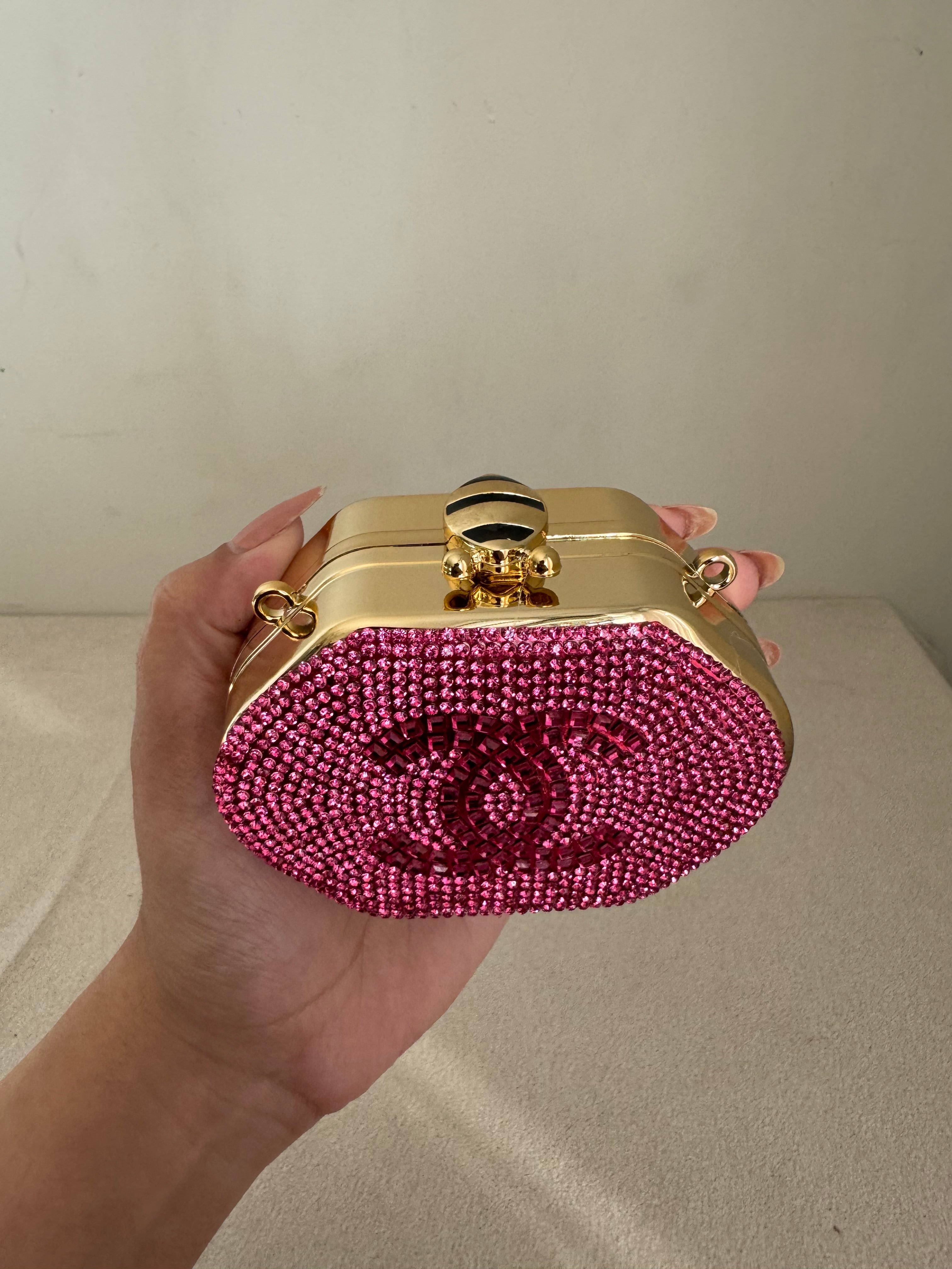 Mini Chanel Embellished Clutch with Chain - Pink & Gold