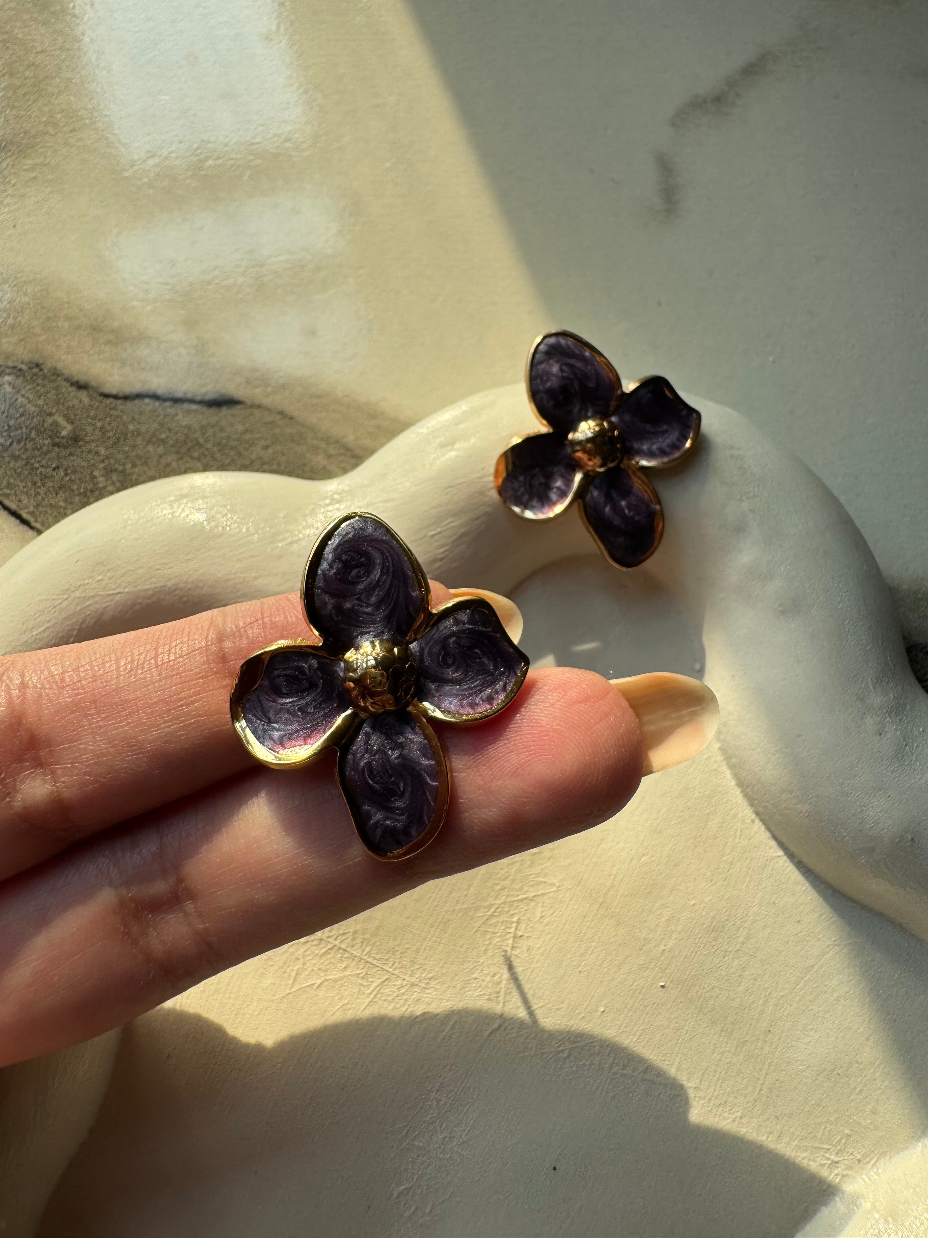 Velvet Floral Studs - Purple & Gold