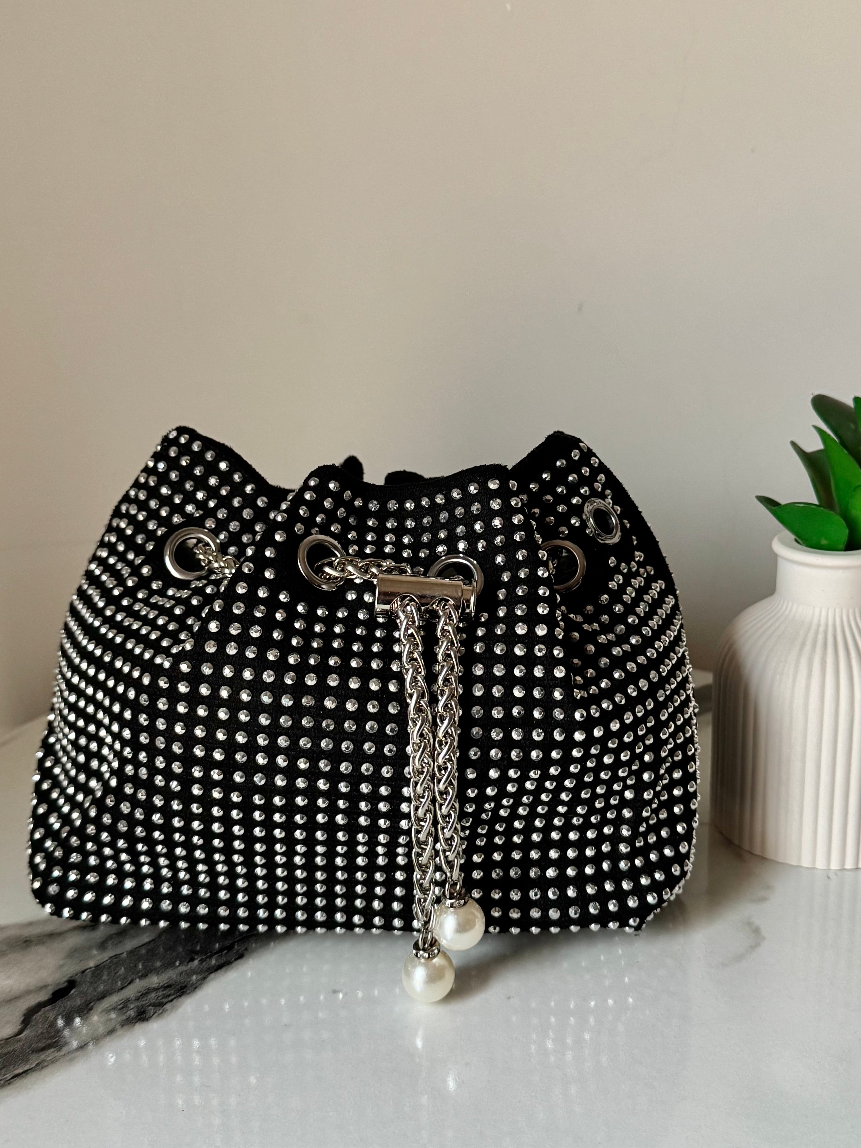 Mira Rhinestone Pouch with Long Chain (Silver & Black)