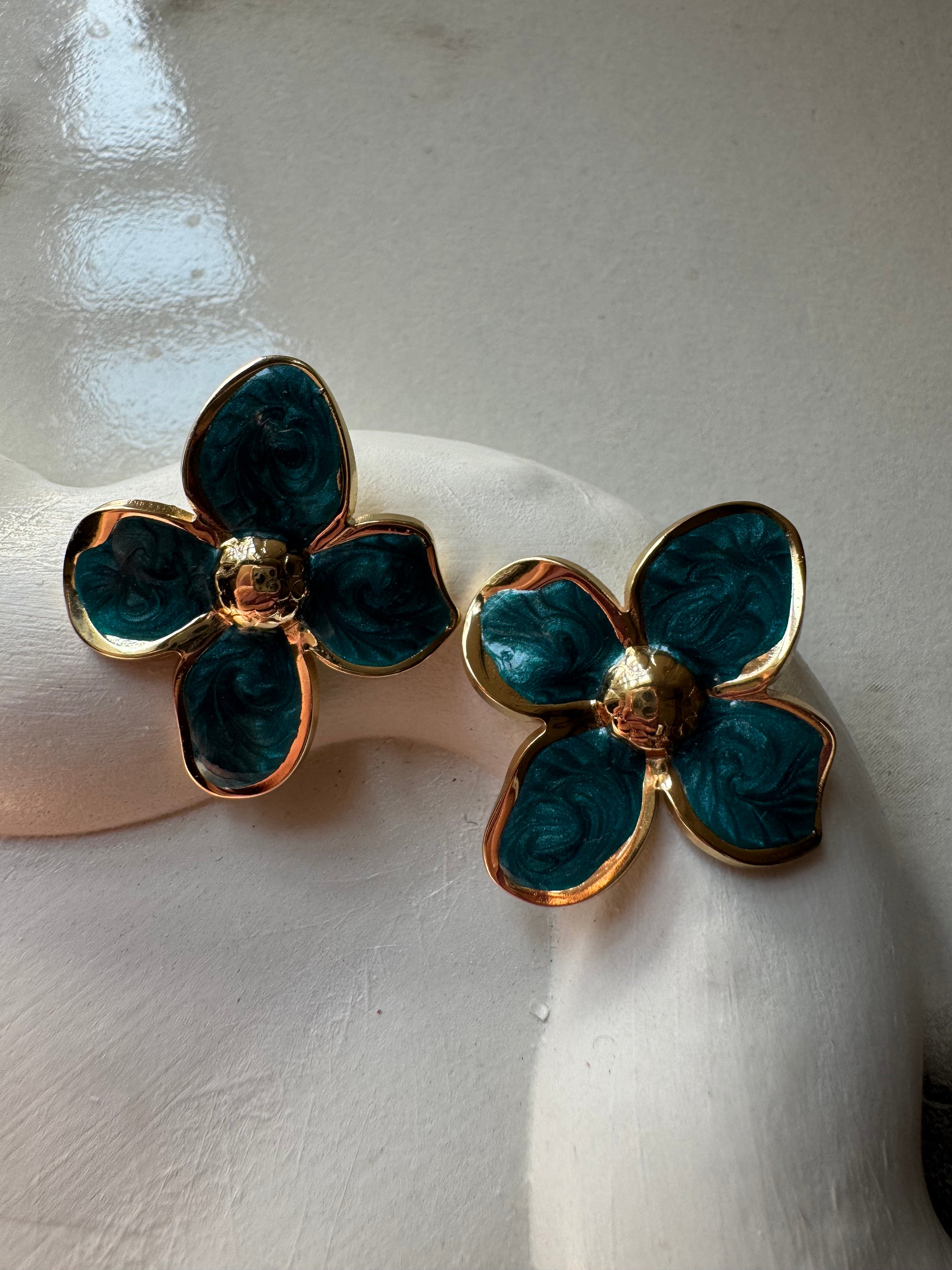 Velvet Floral Studs - Emerald Green & Gold