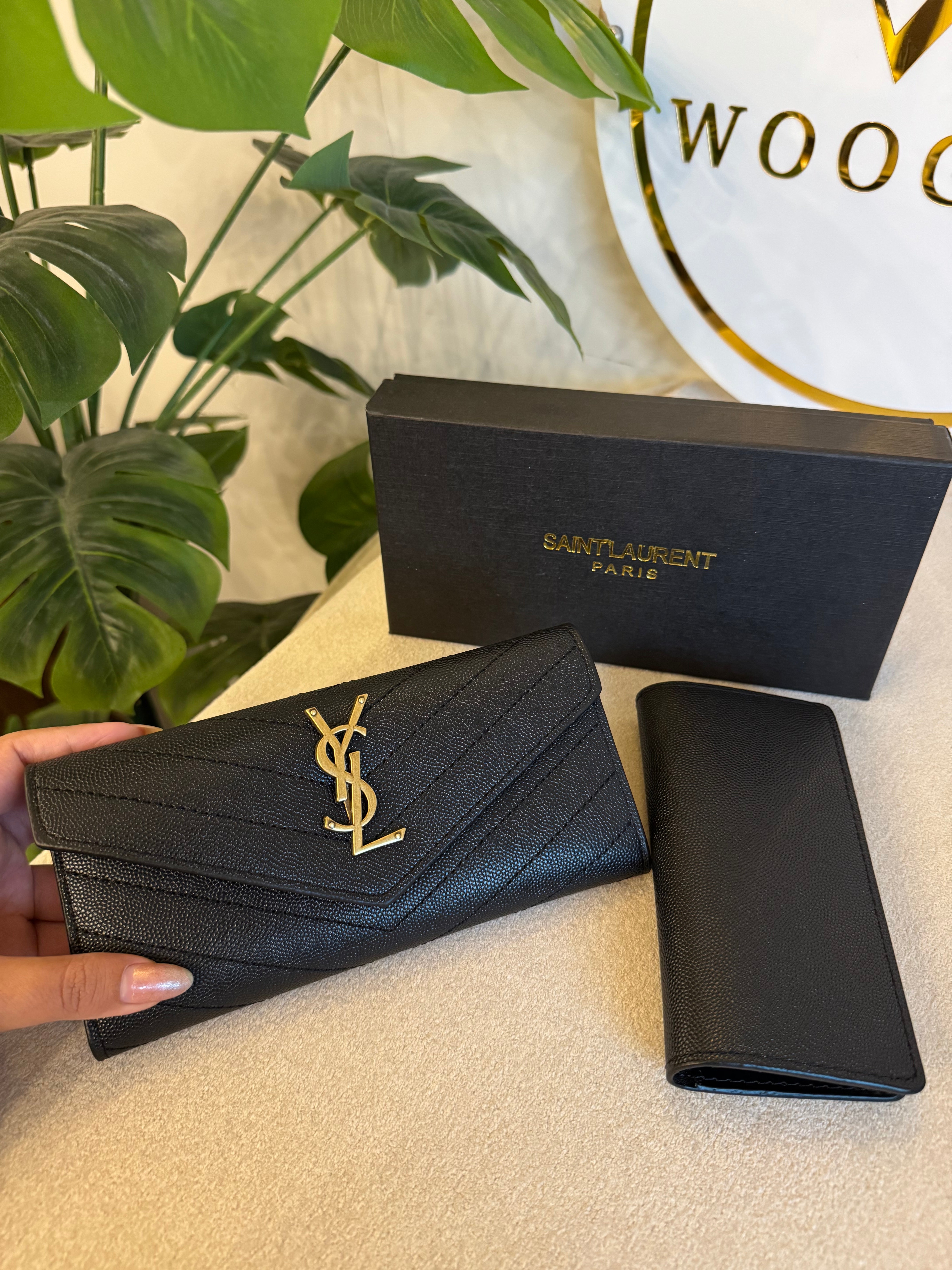 YSL Wallet with Card Holder Set (Black with Gold) - Box Packing