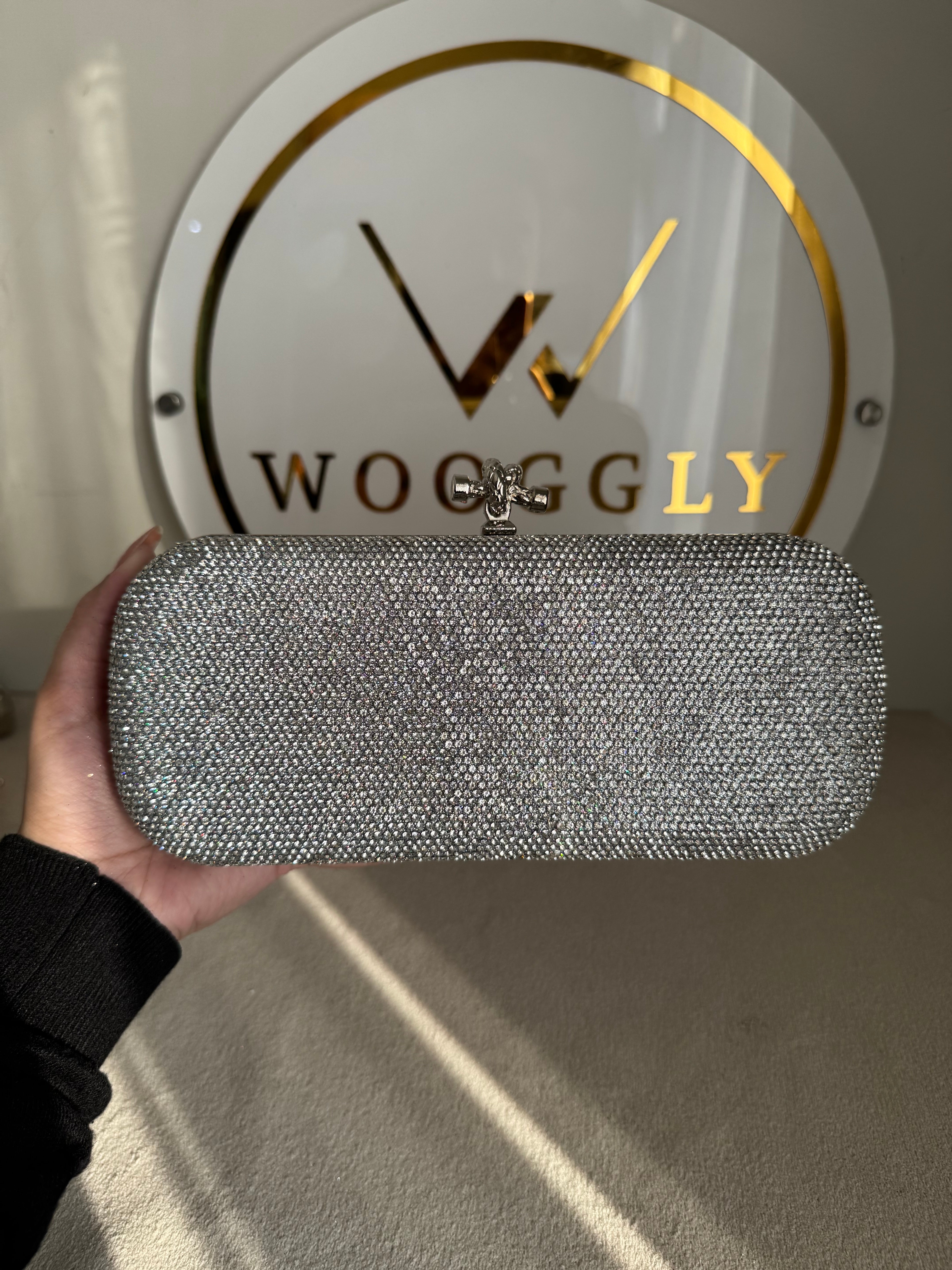 Bottega Shimmer Clutch - Silver with Chain