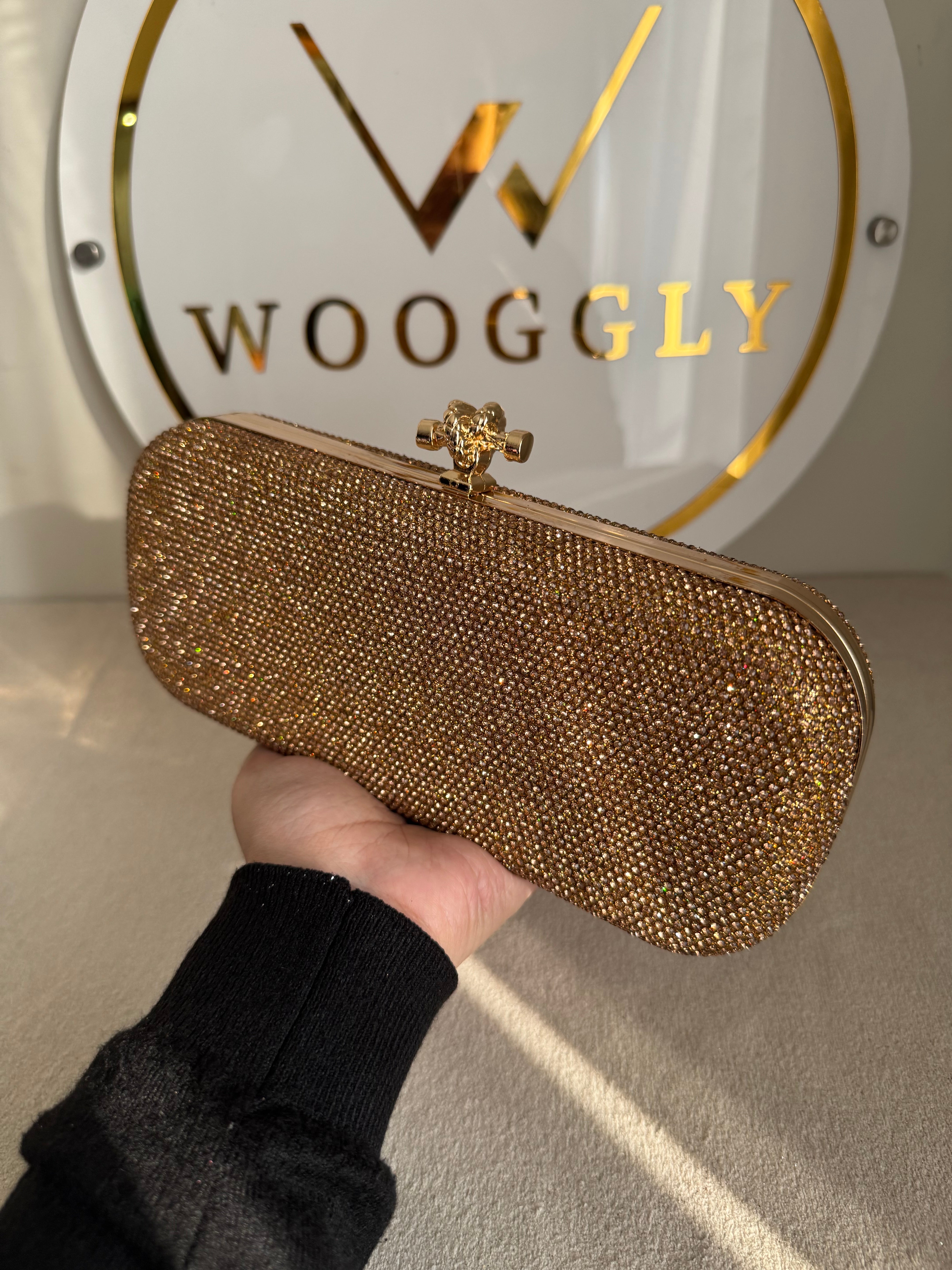 Bottega Shimmer Clutch - Champagne with Chain