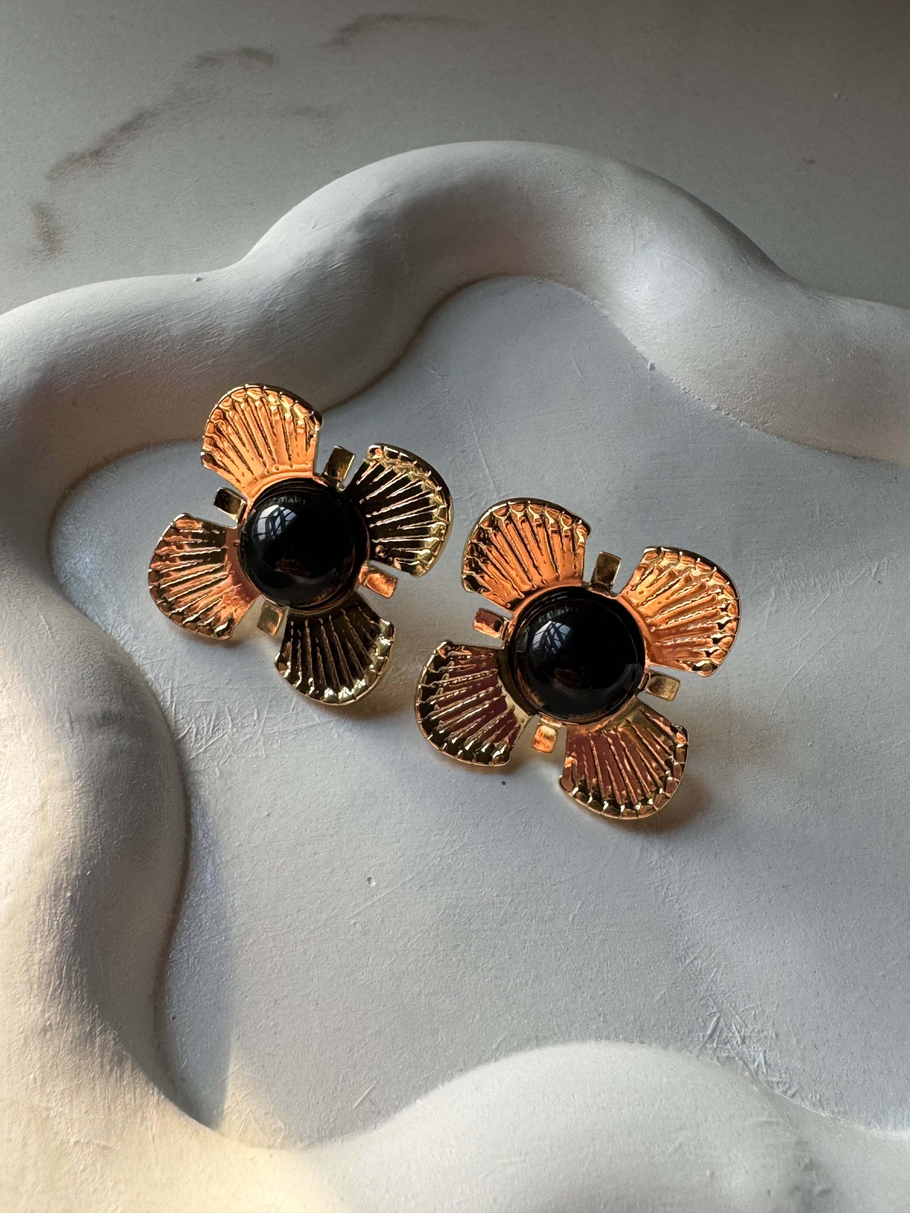 Black Floral Studs - 18K Gold Plated
