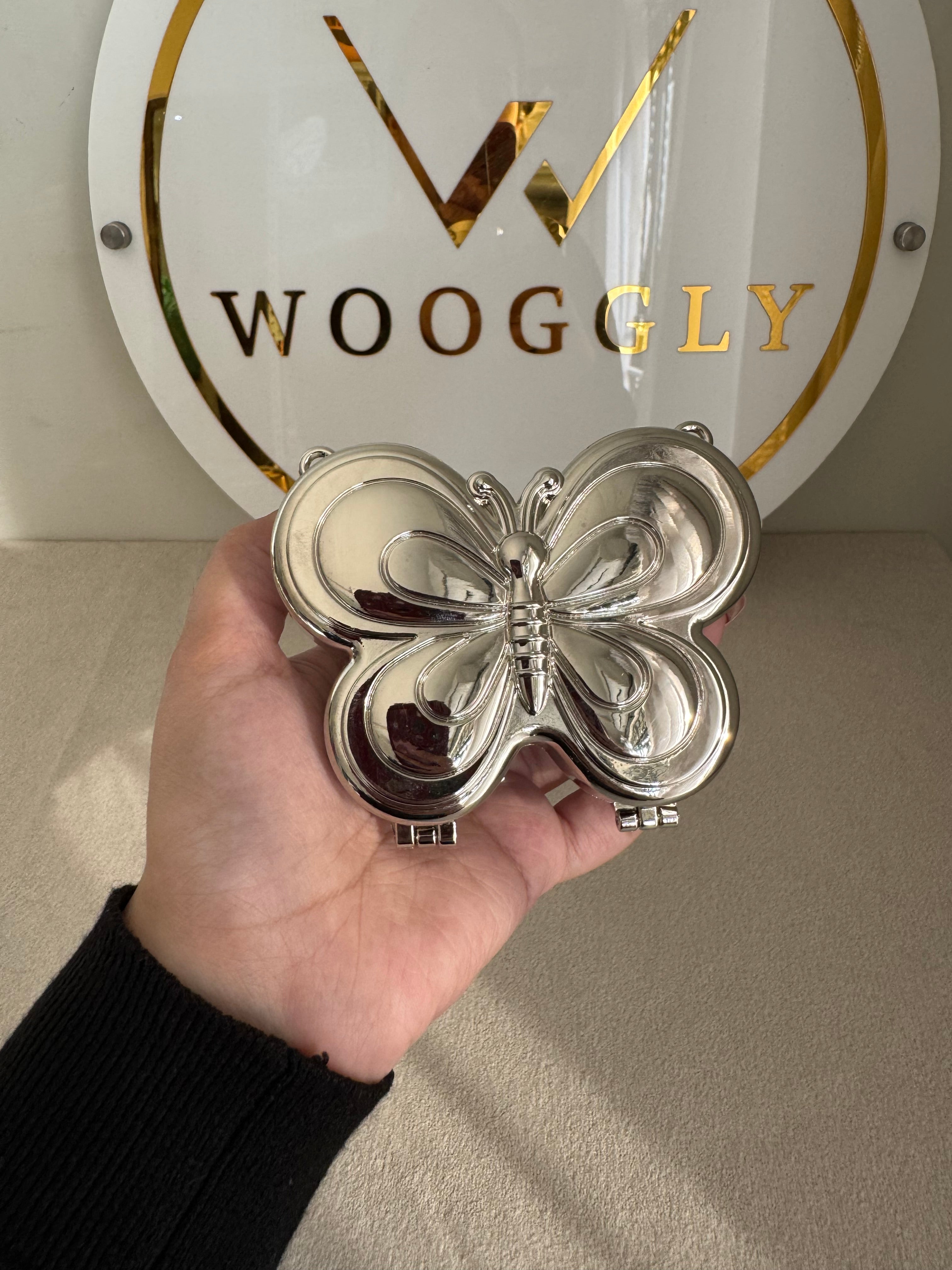 Metallic Butterfly Clutch with Chain - Mini Silver