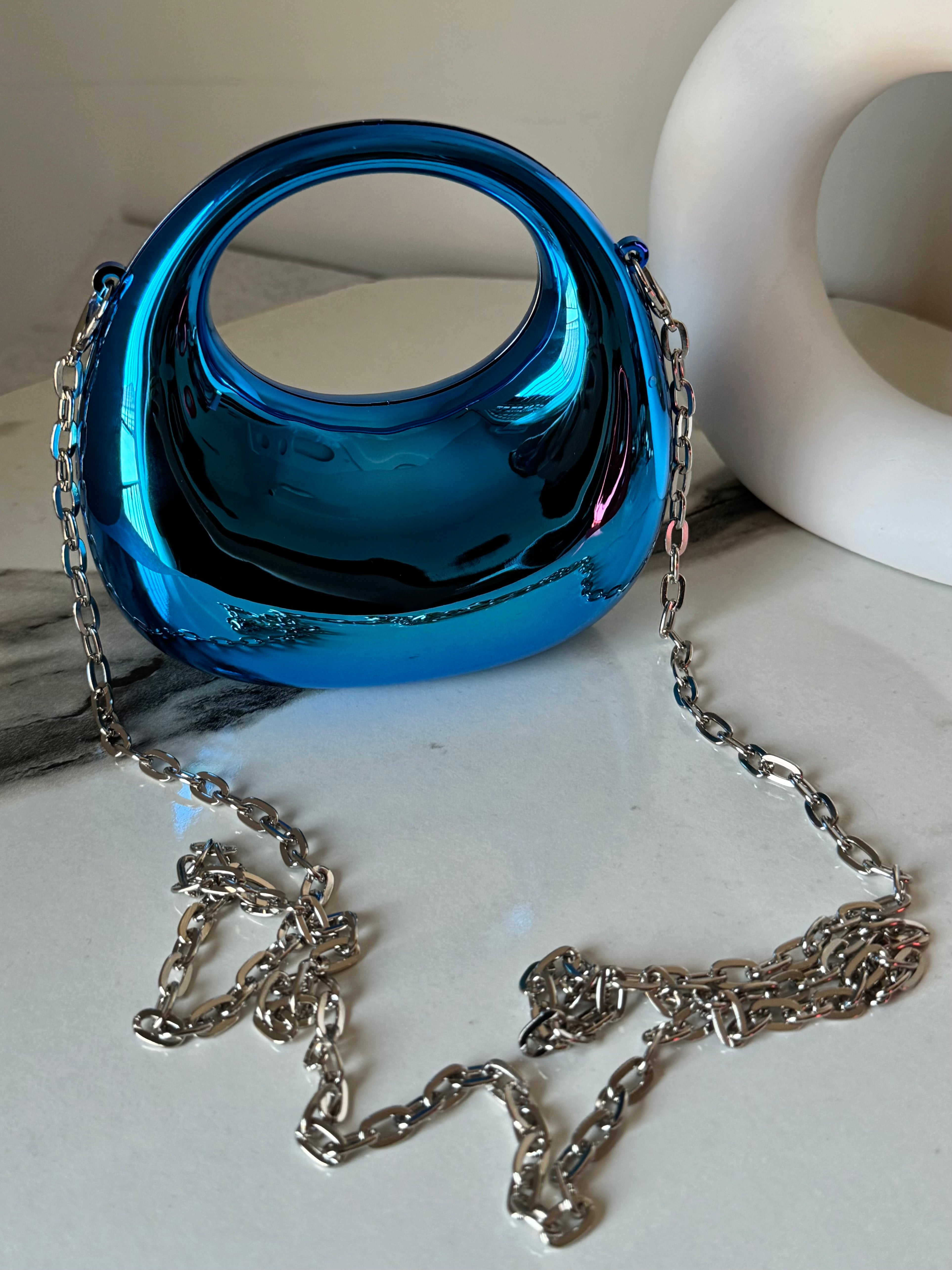 Viral Metallic Clutch with Chain - Mini Blue