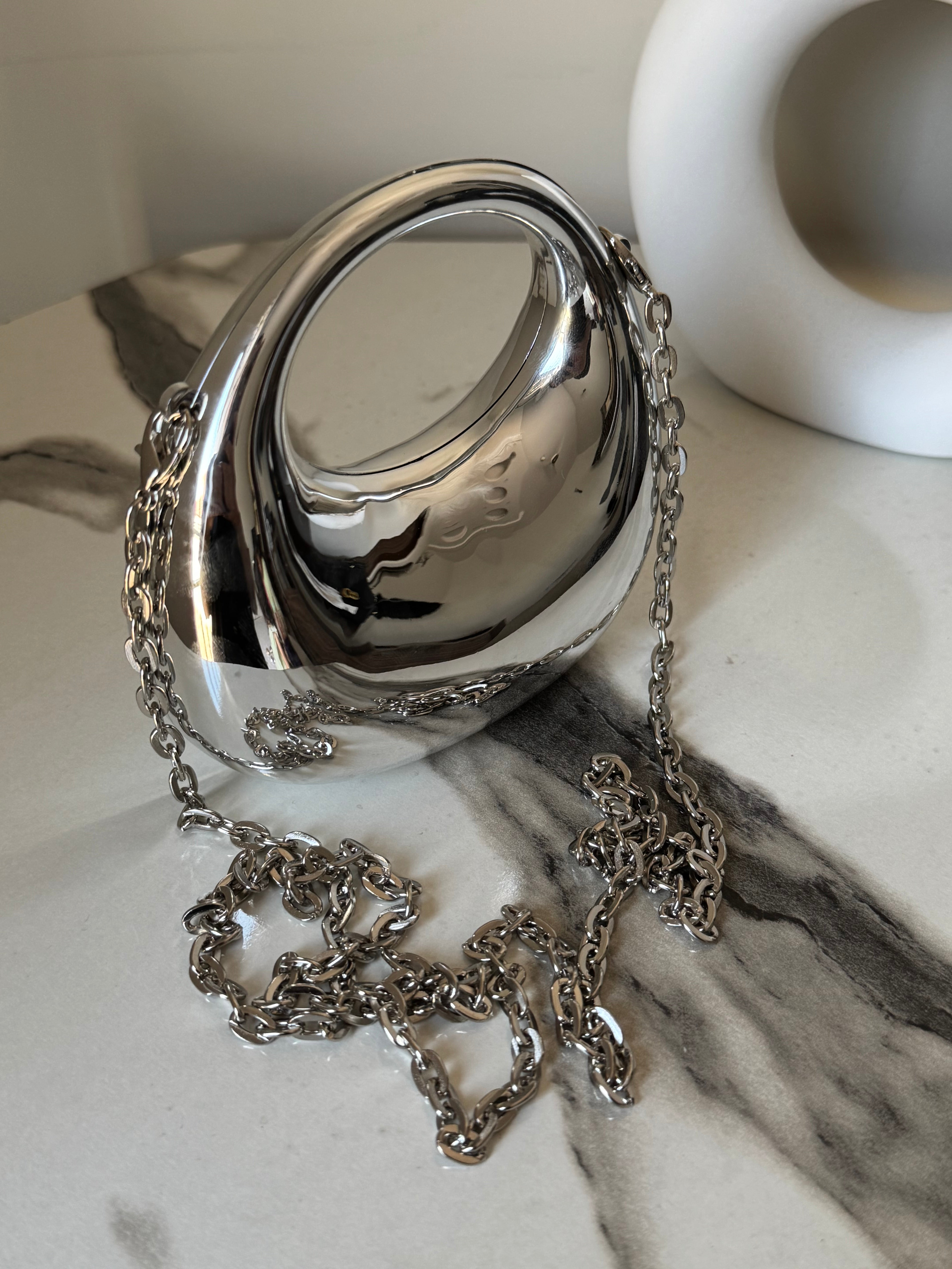 Viral Metallic Clutch with Chain - Mini Silver