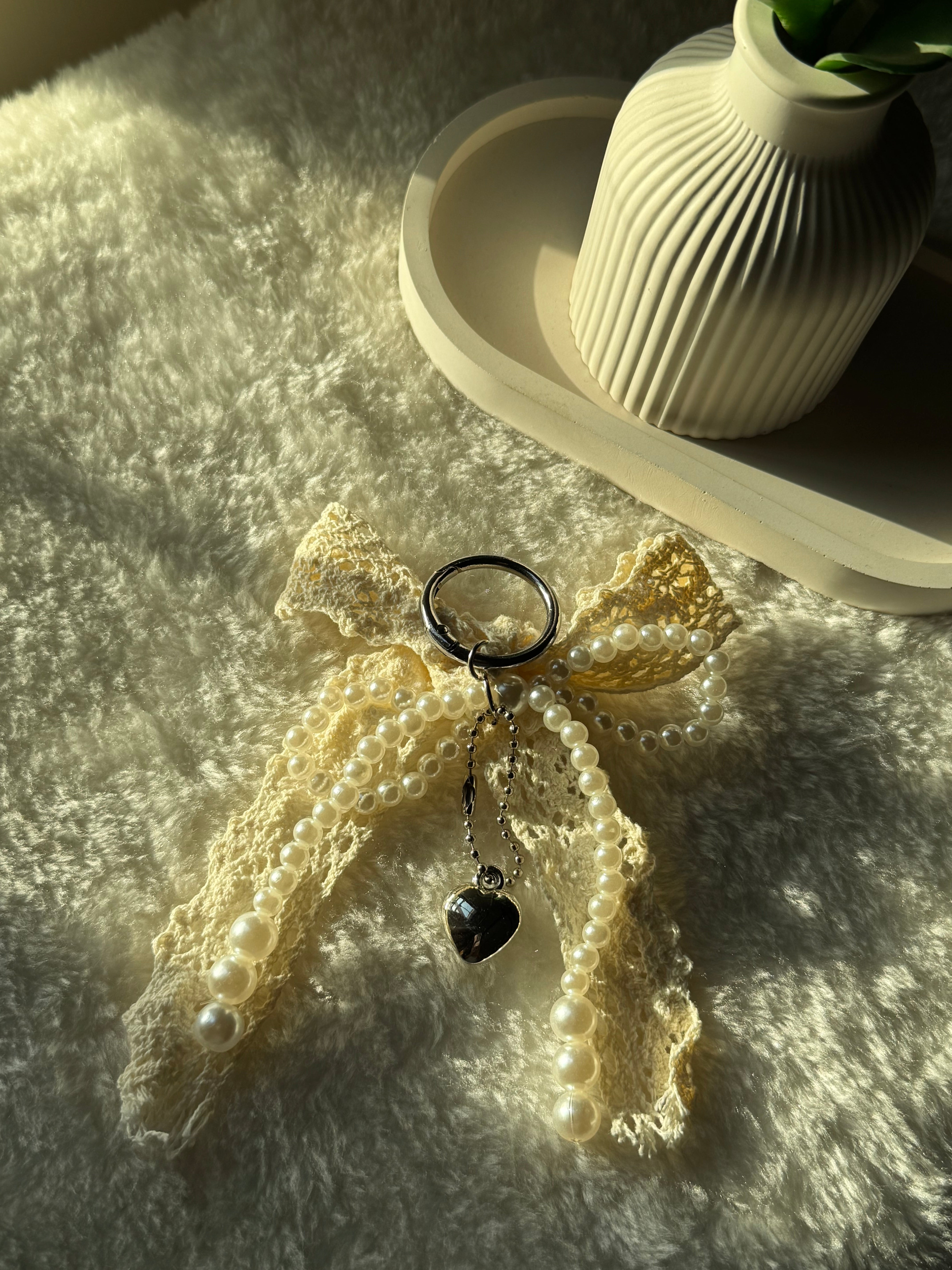 Pearl Heart Bow Bag Charm