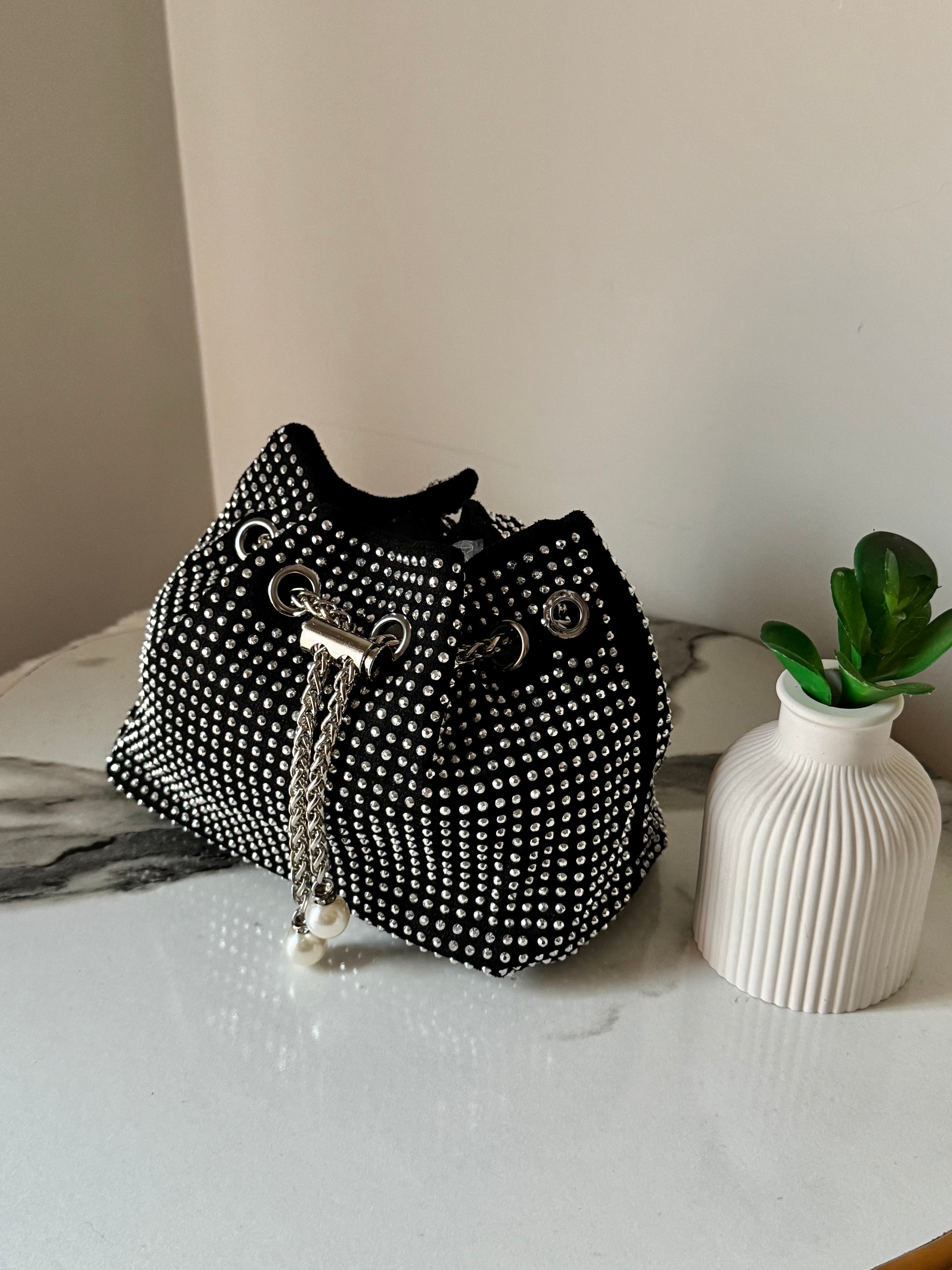 Mira Rhinestone Pouch with Long Chain (Silver & Black)