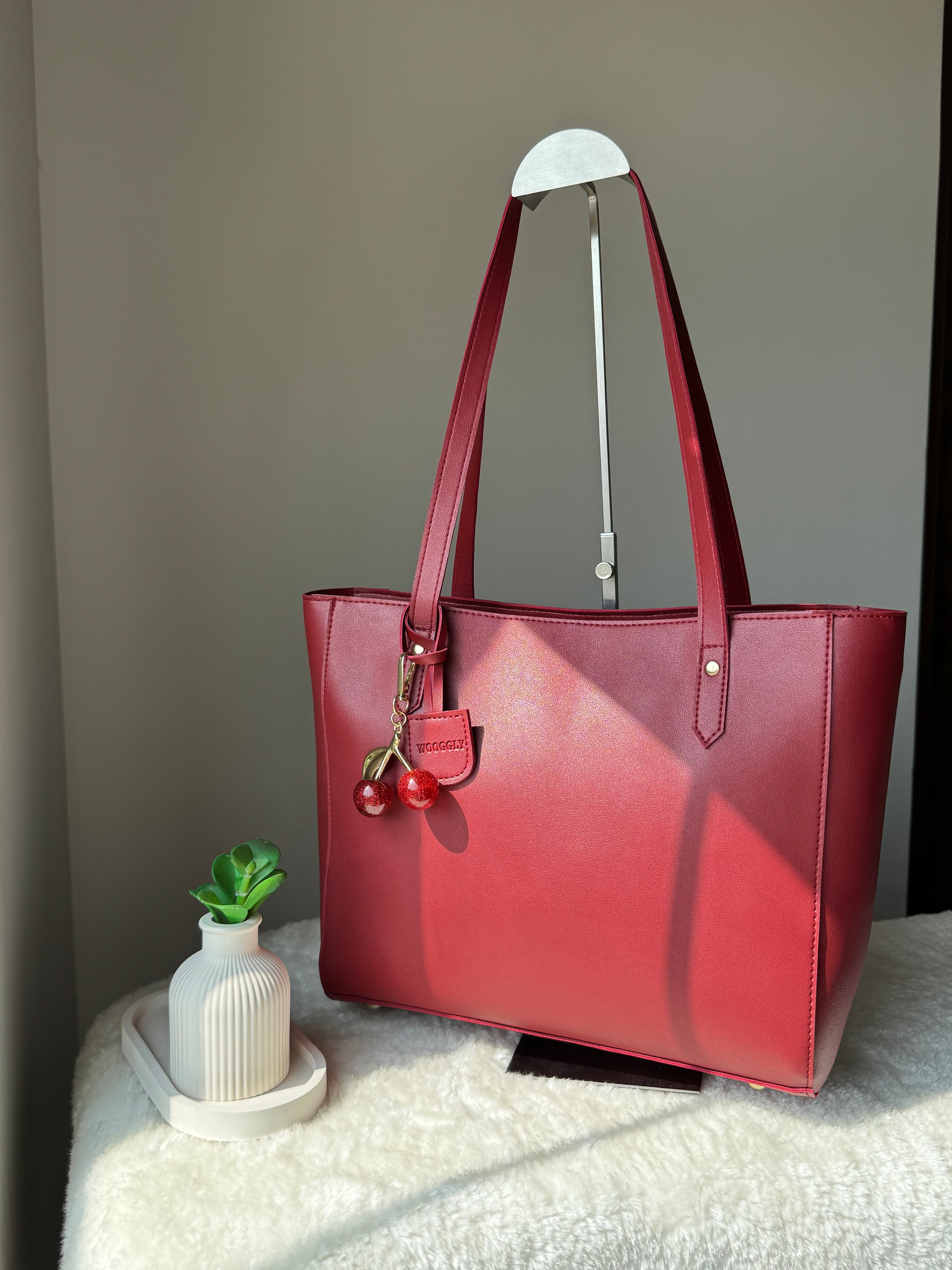 Wooggly Signature Tote Bag with Cherry Charm - Maroon