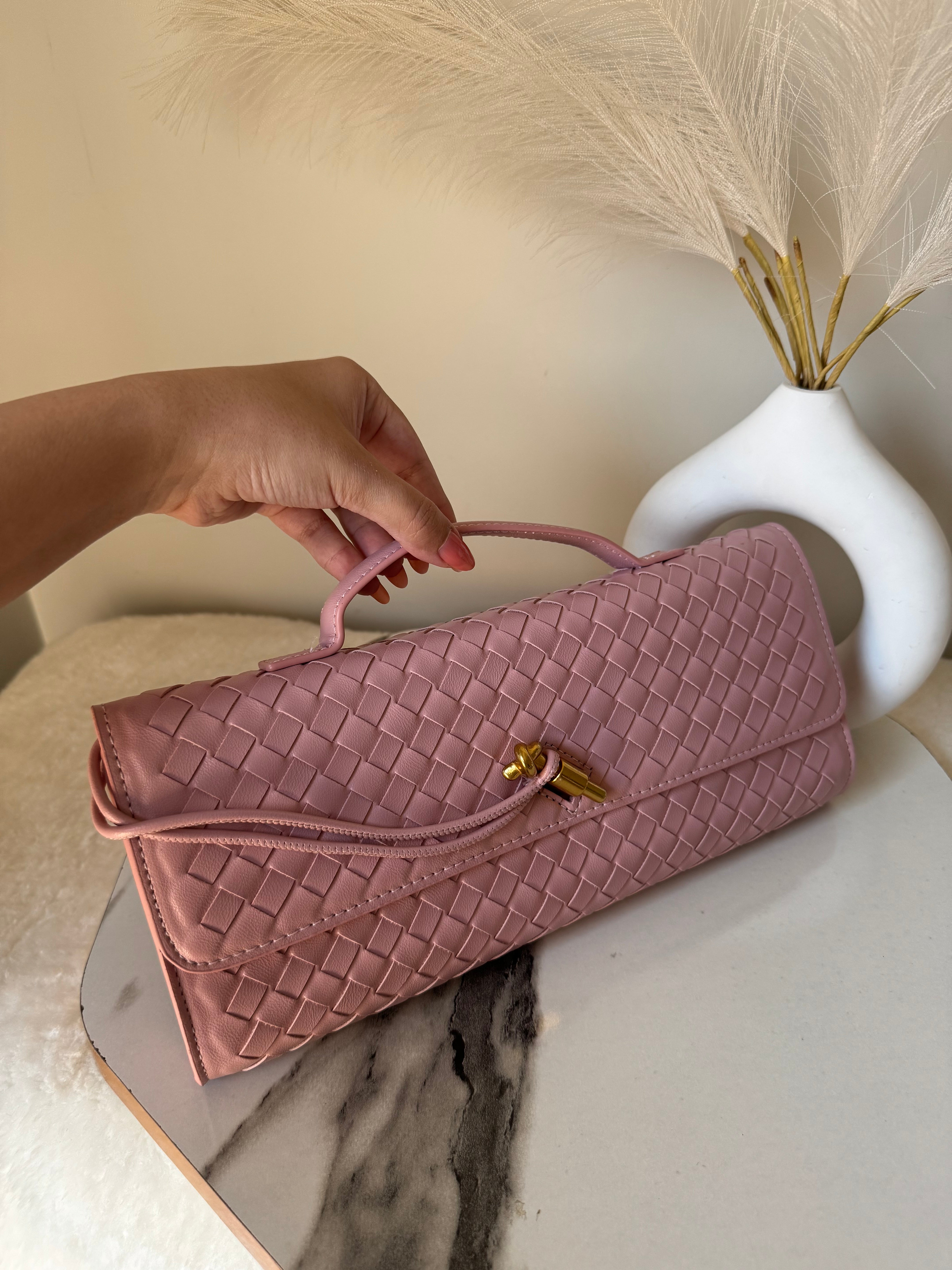Bottega Veneta Inspired Clutch (Pink) with Long Strap