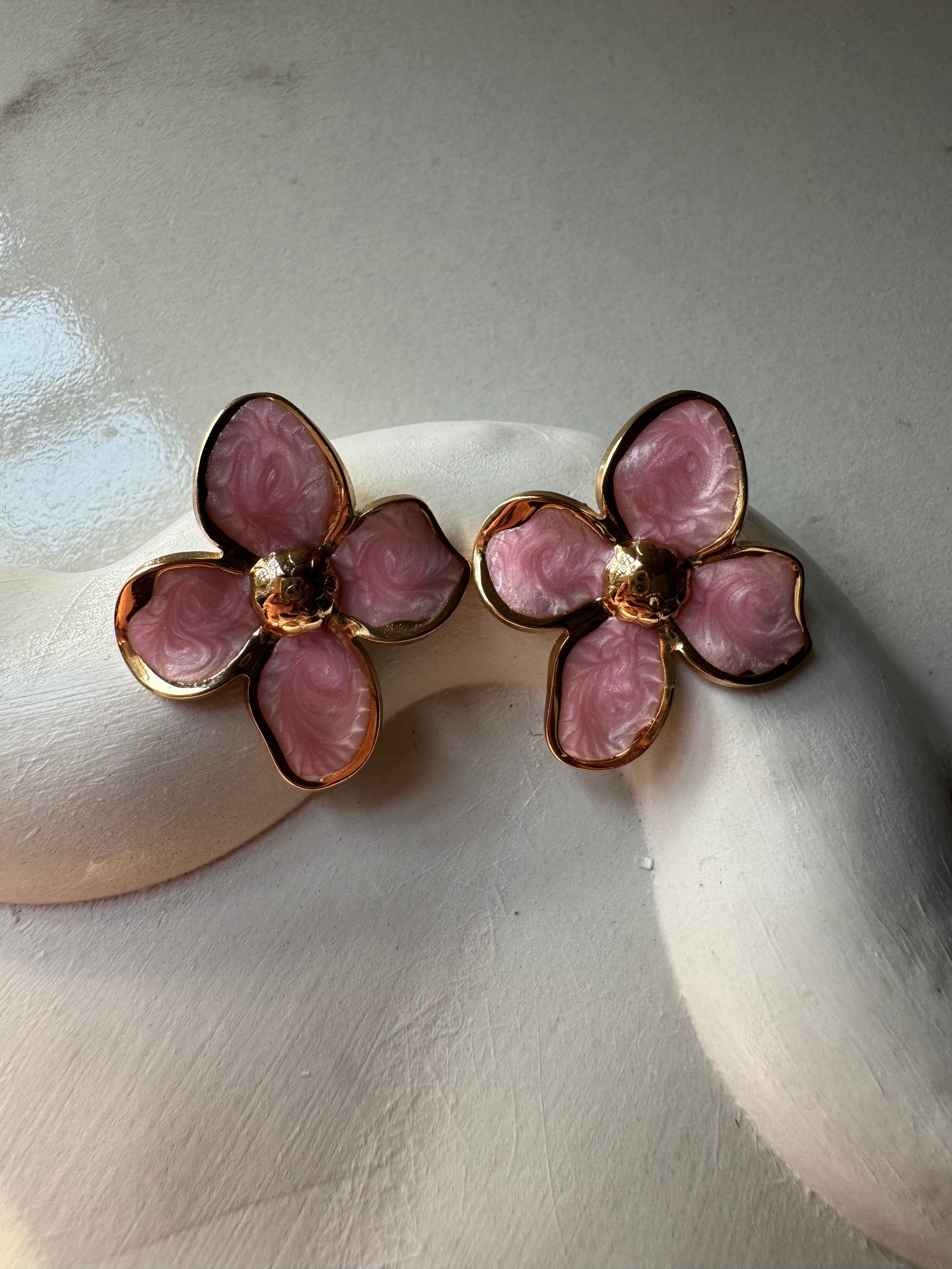 Velvet Floral Studs - Peach & Gold