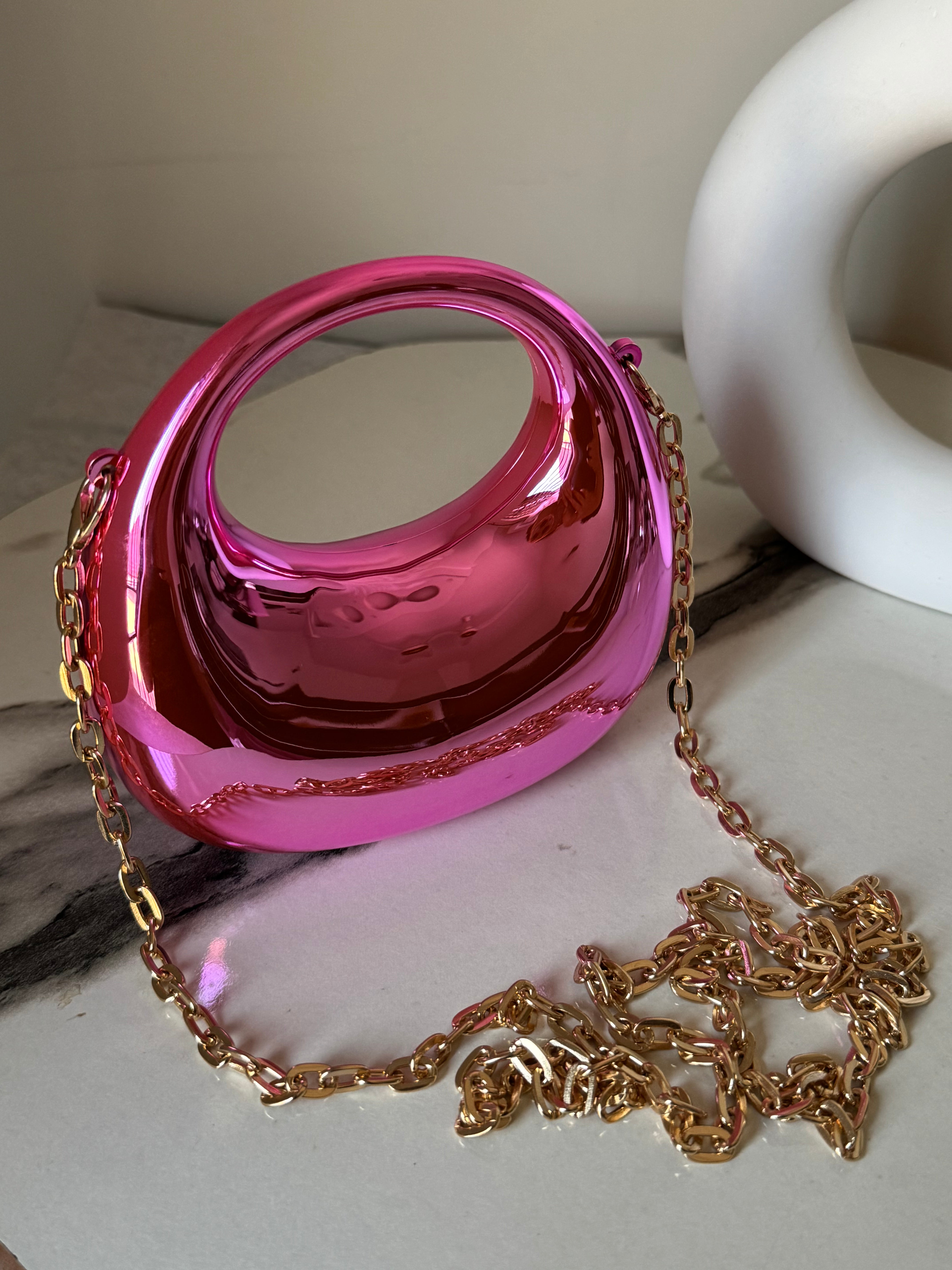 Viral Metallic Clutch with Chain - Mini Pink