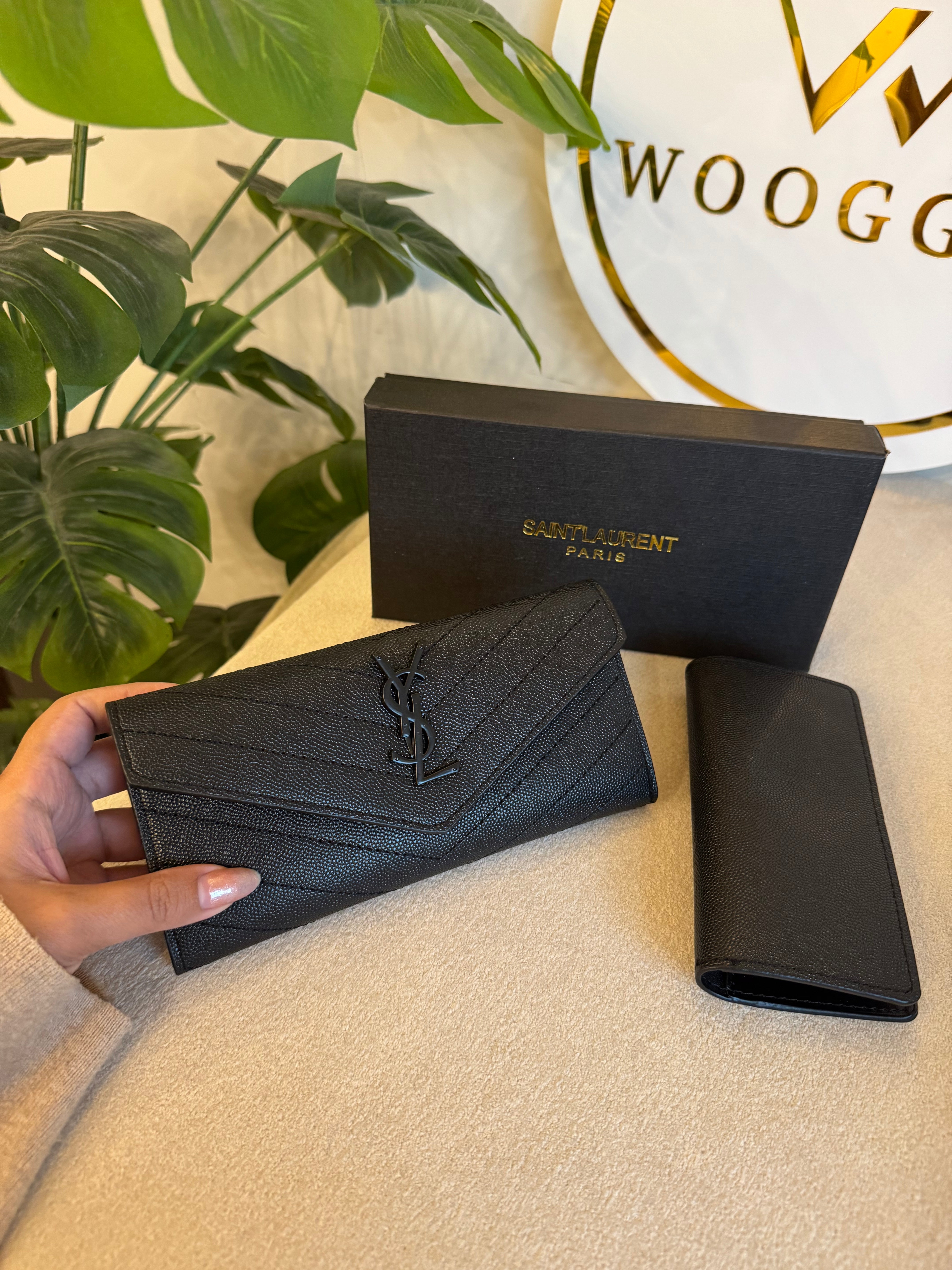 YSL Wallet with Card Holder Set (Black on Black) - Box Packing