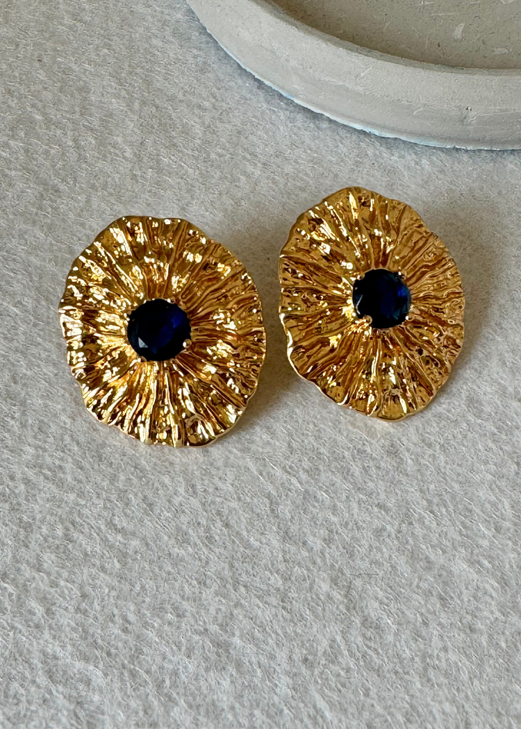 Deep Blue Bloom Earrings - 18K Gold Plated