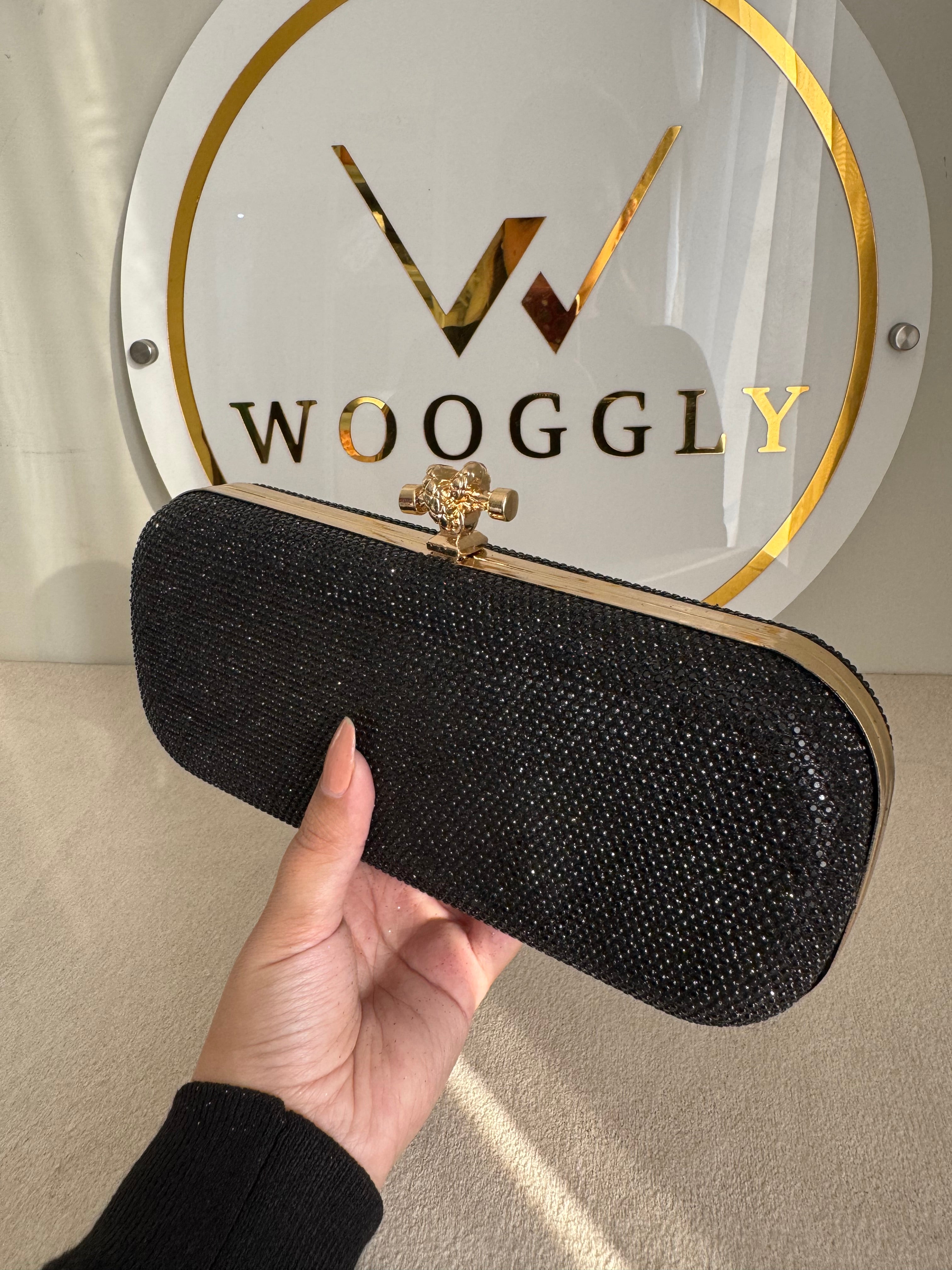 Bottega Shimmer Clutch - Black with Chain