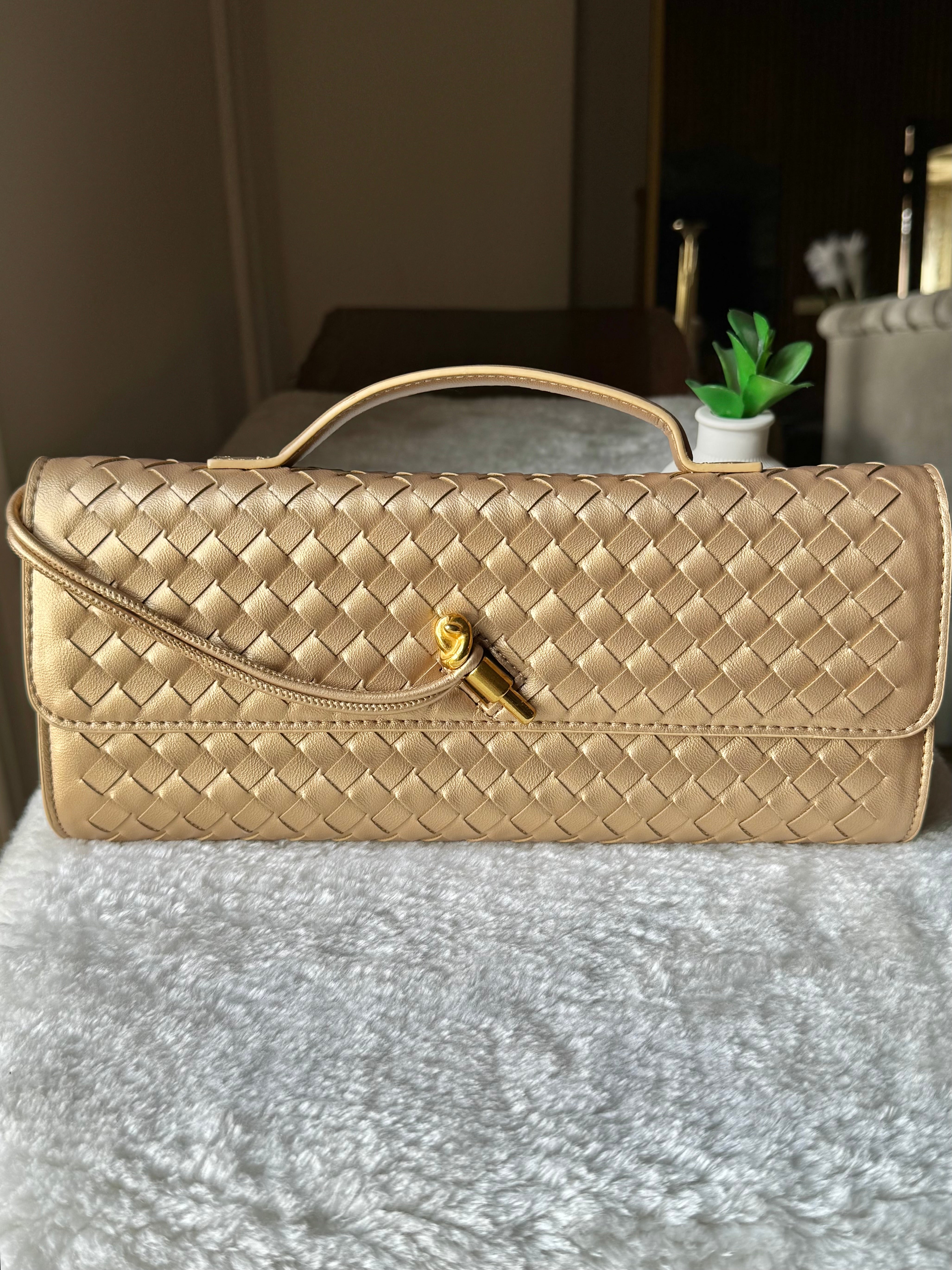 Bottega Veneta Inspired Clutch (Gold) with Long Strap