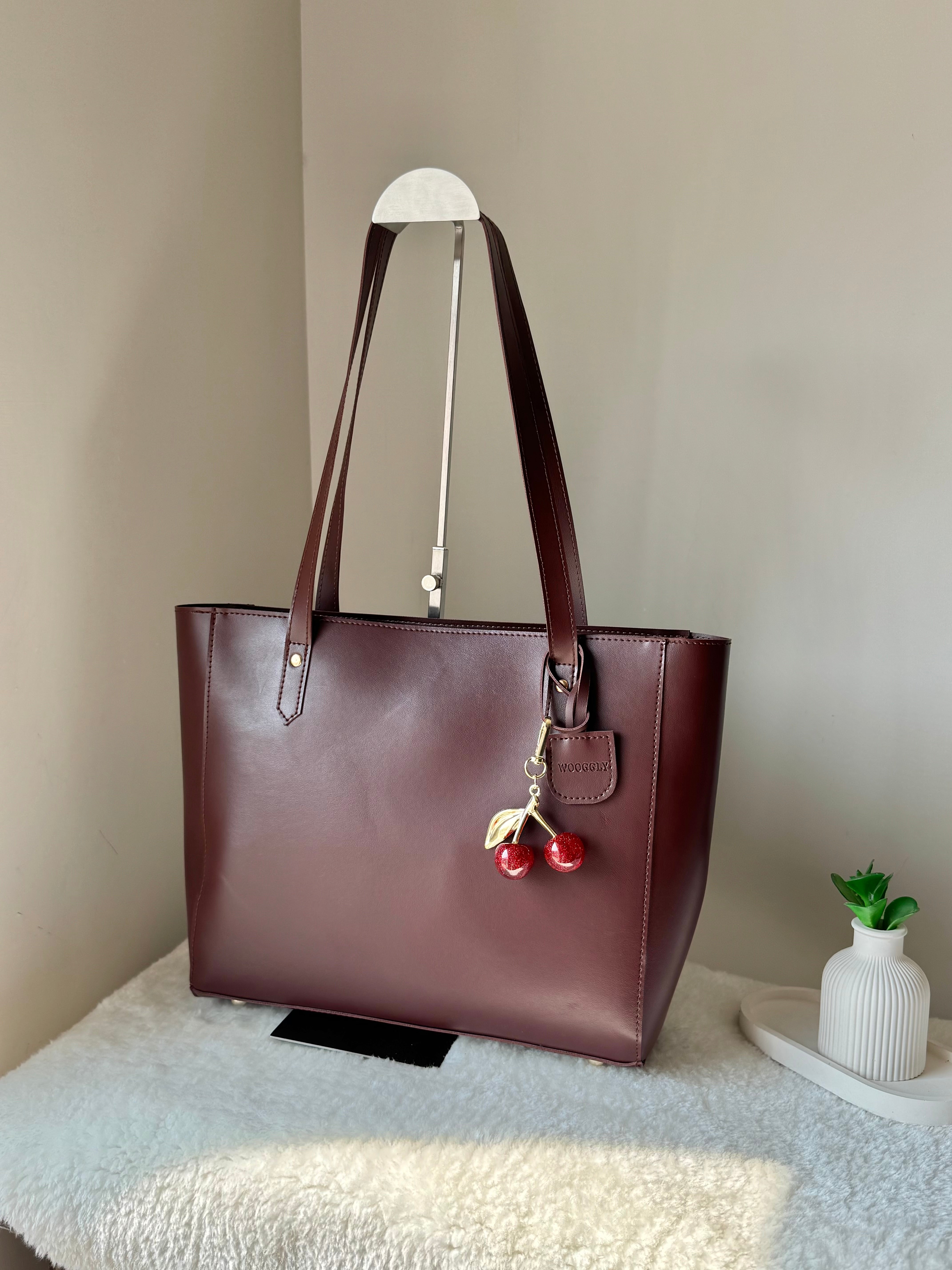 Wooggly Signature Tote Bag with Cherry Charm - Chocolate Brown