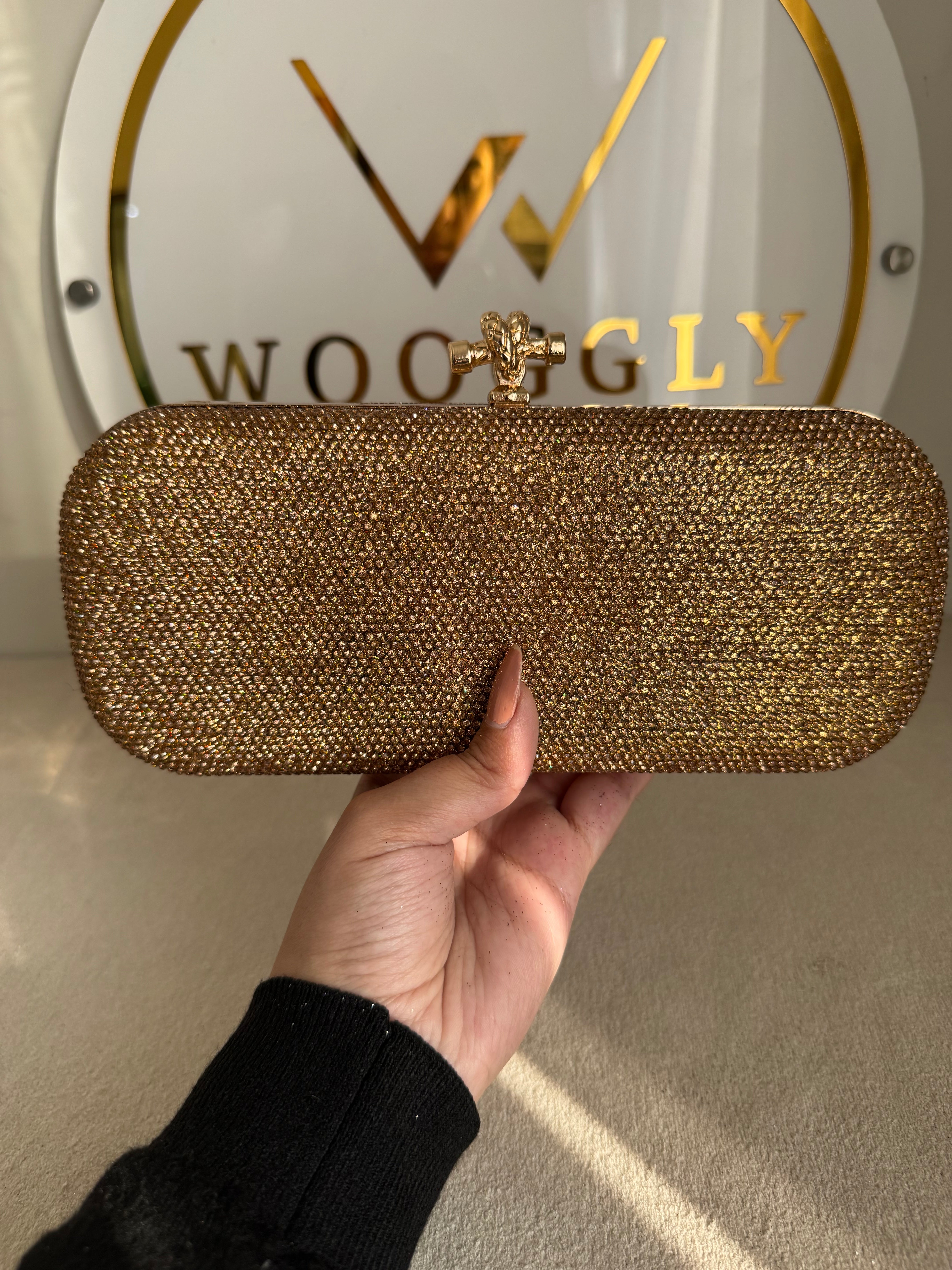 Bottega Shimmer Clutch - Champagne with Chain