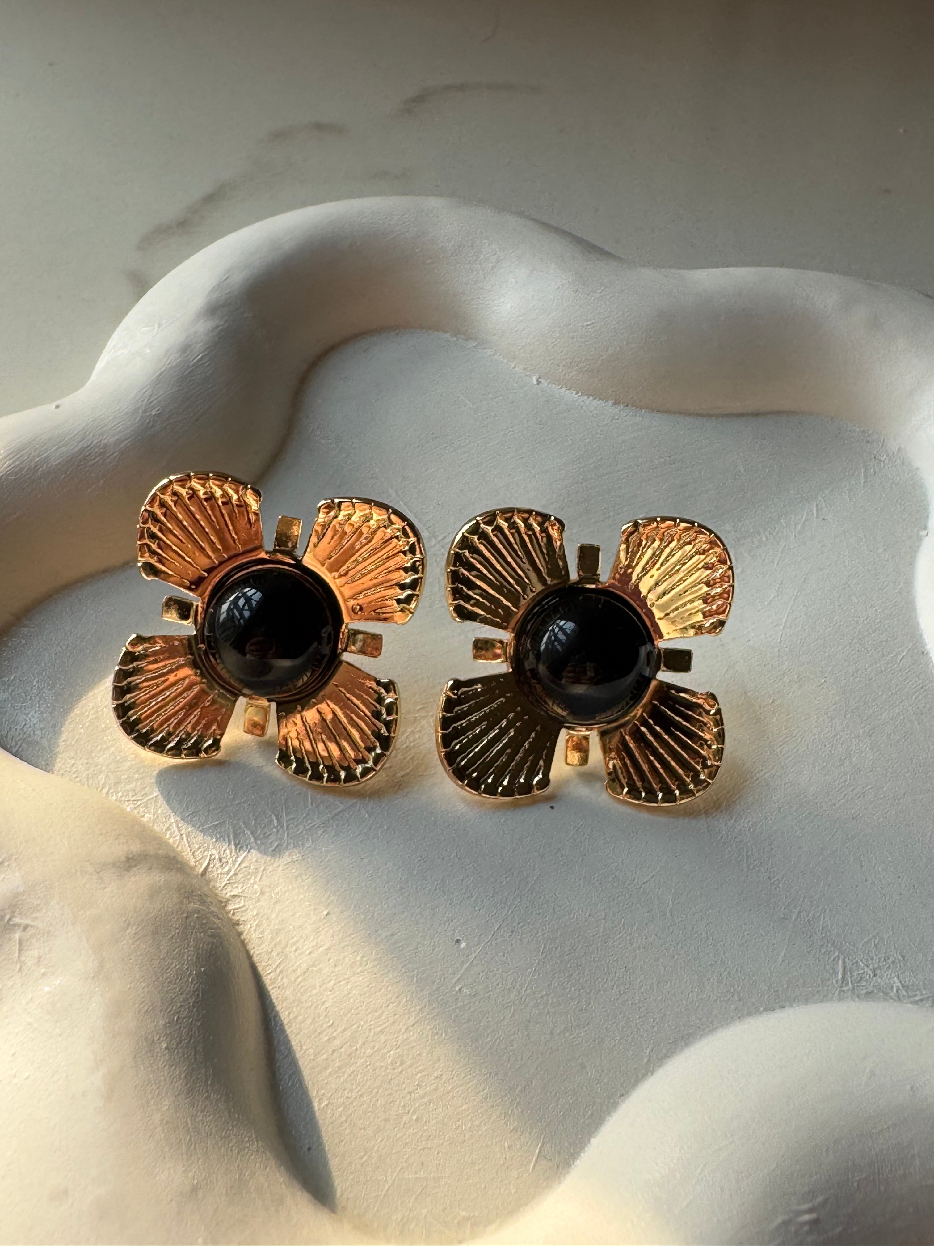 Black Floral Studs - 18K Gold Plated