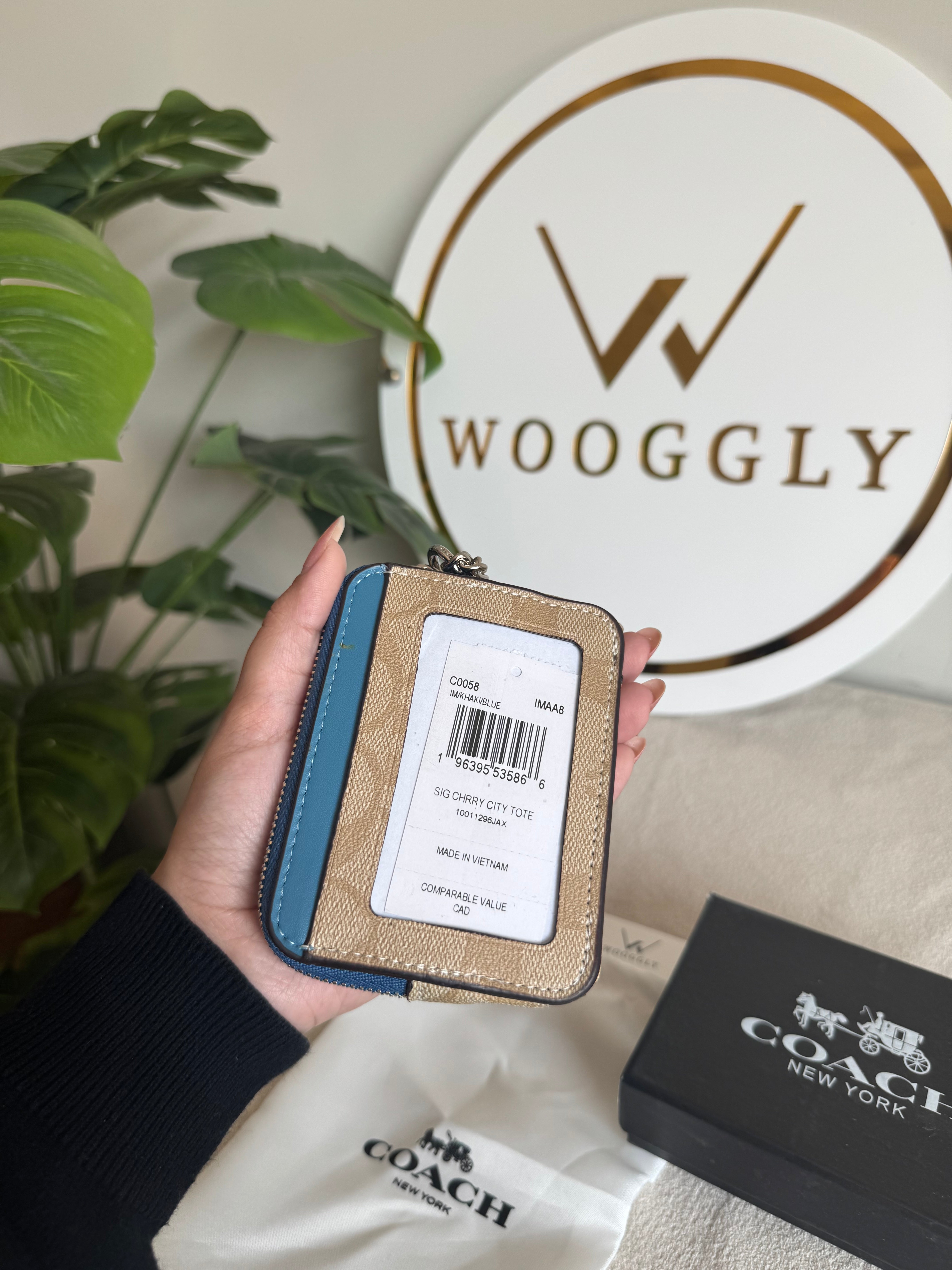 Coach Zip Card Case with Box Packing - Signature Beige with Blue