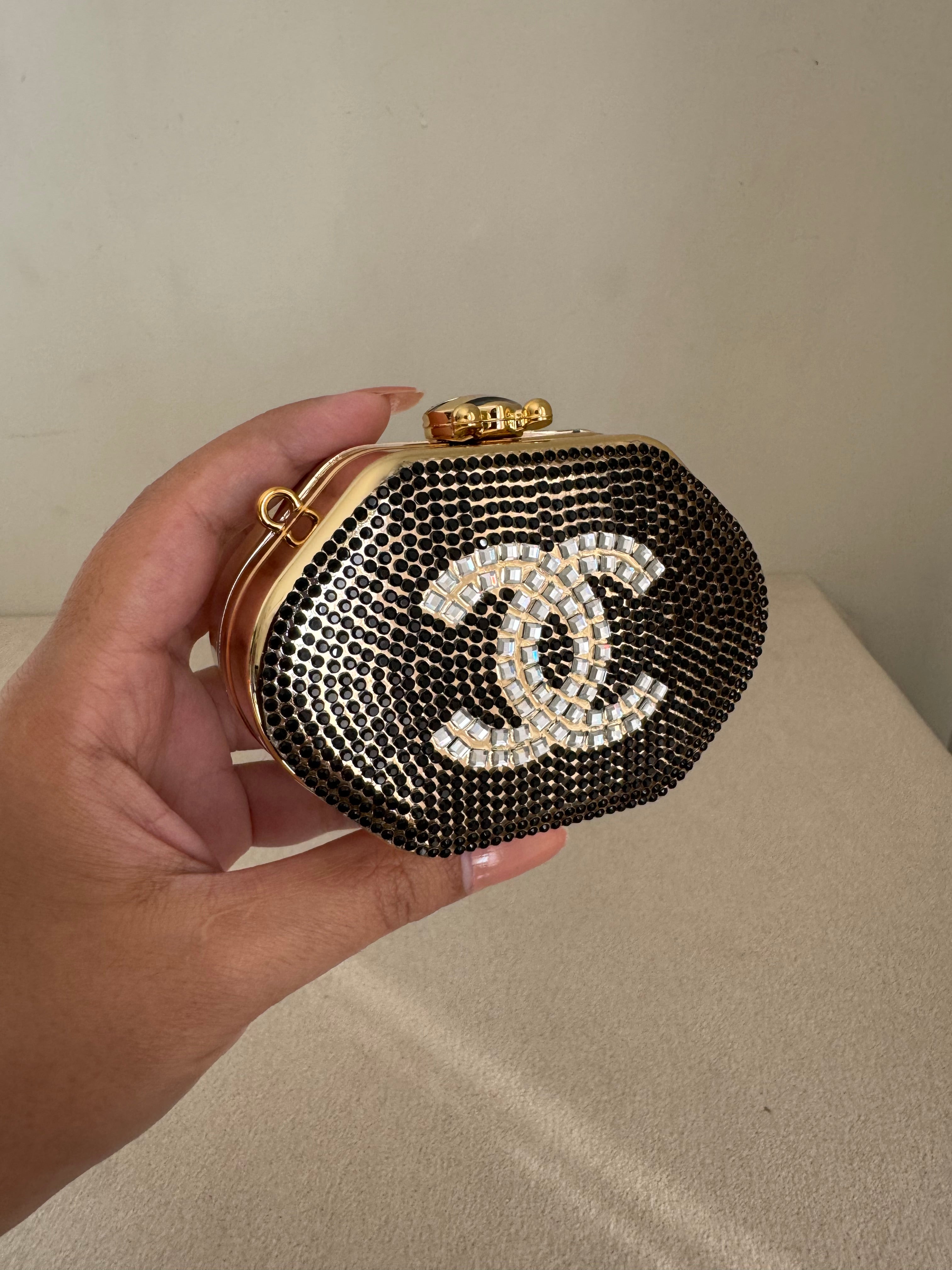 Mini Chanel Embellished Clutch with Chain - Black & Gold