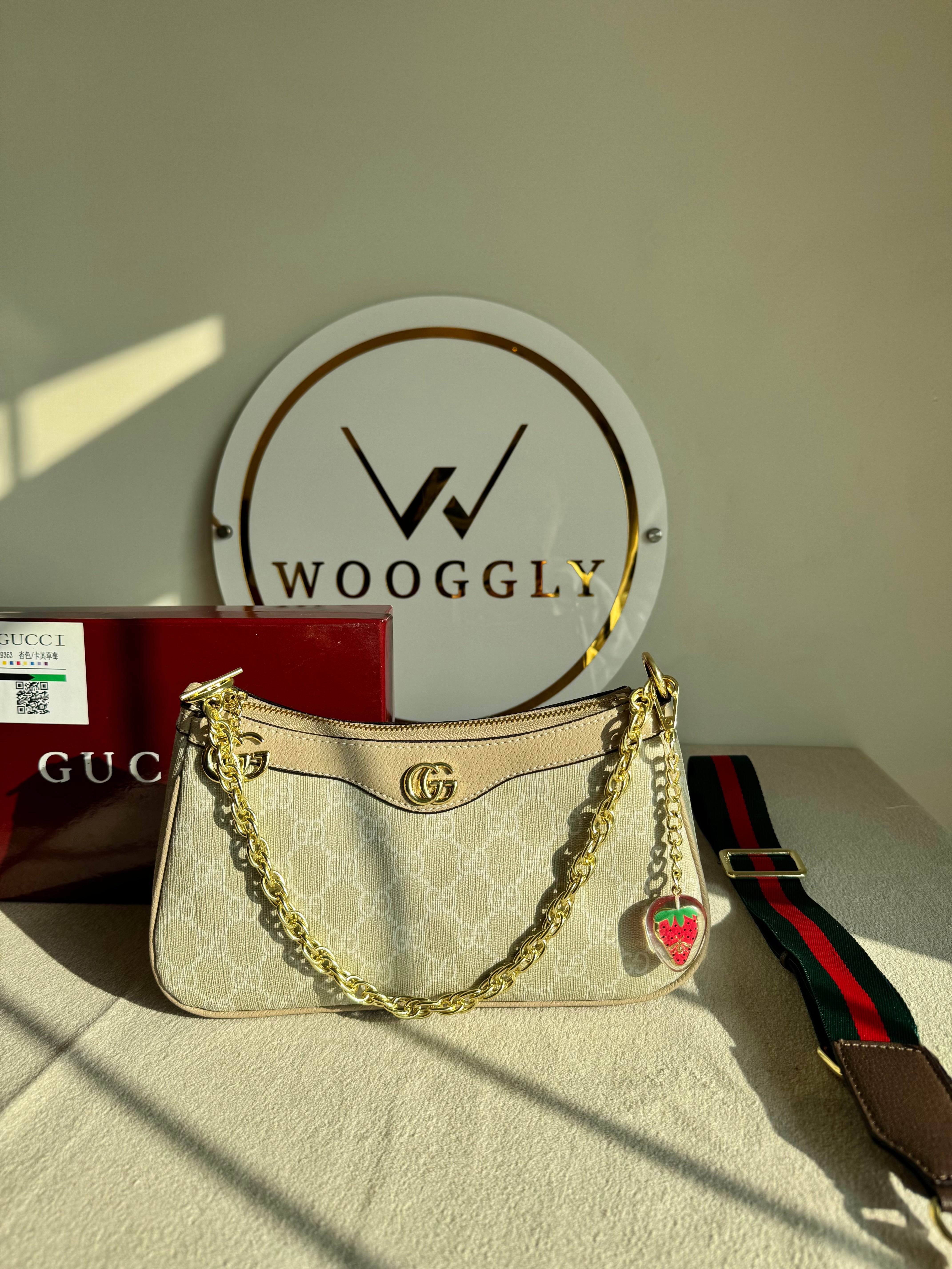 GUCCI Sling with Long Strap & Strawberry Charm - Beige with Box Packing