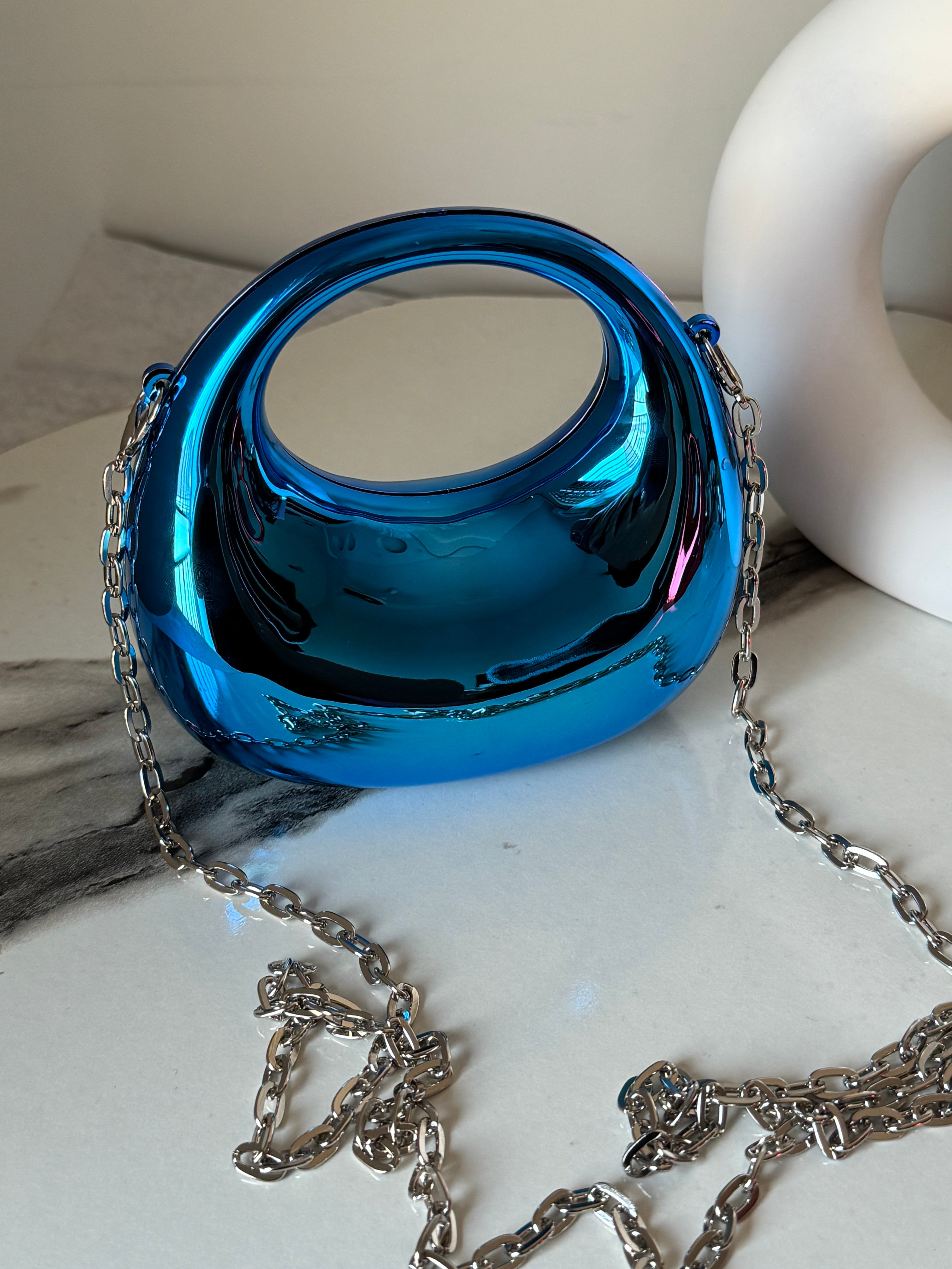 Viral Metallic Clutch with Chain - Mini Blue