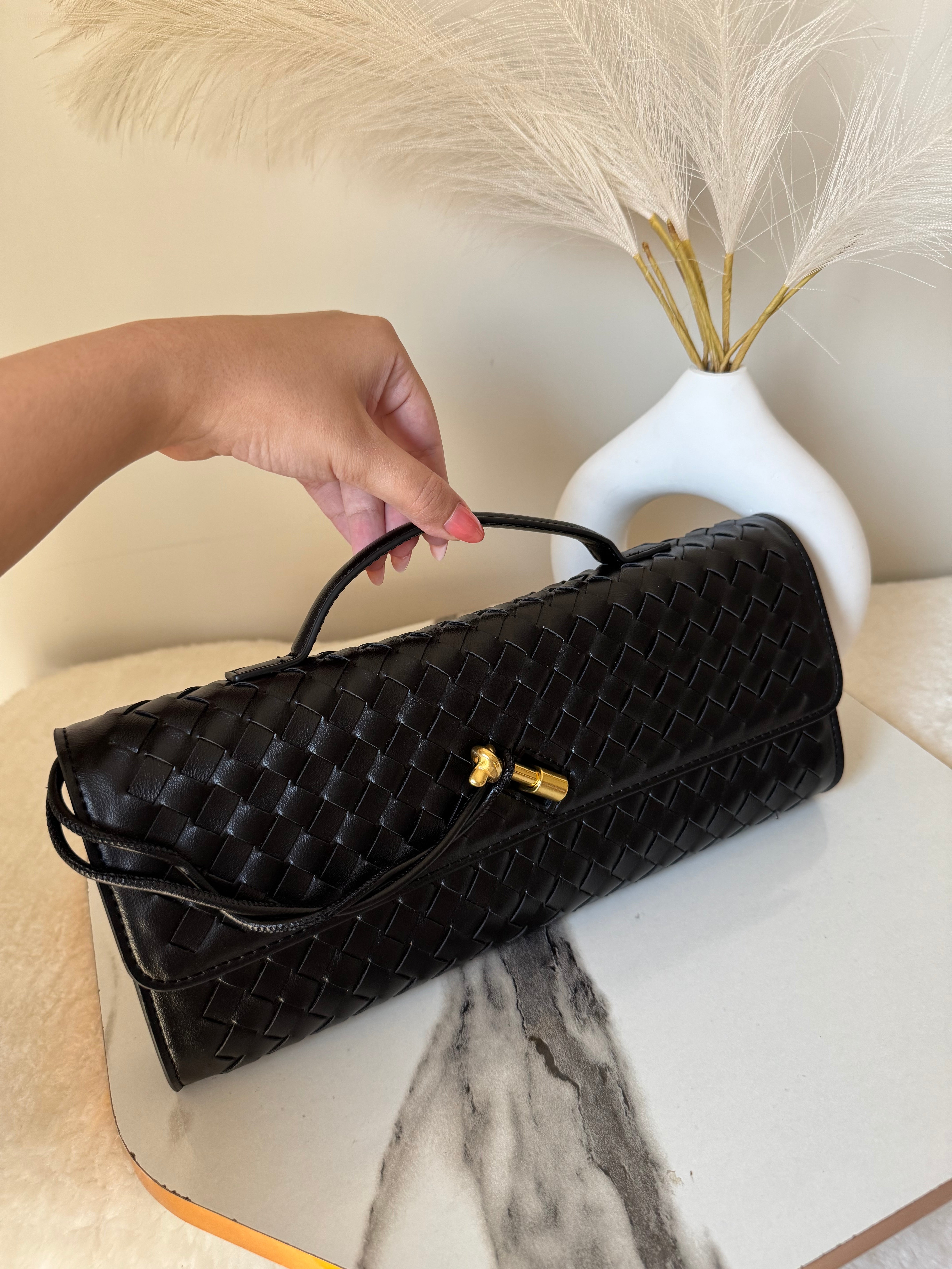 Bottega Veneta Inspired Clutch (Black) with Long Strap