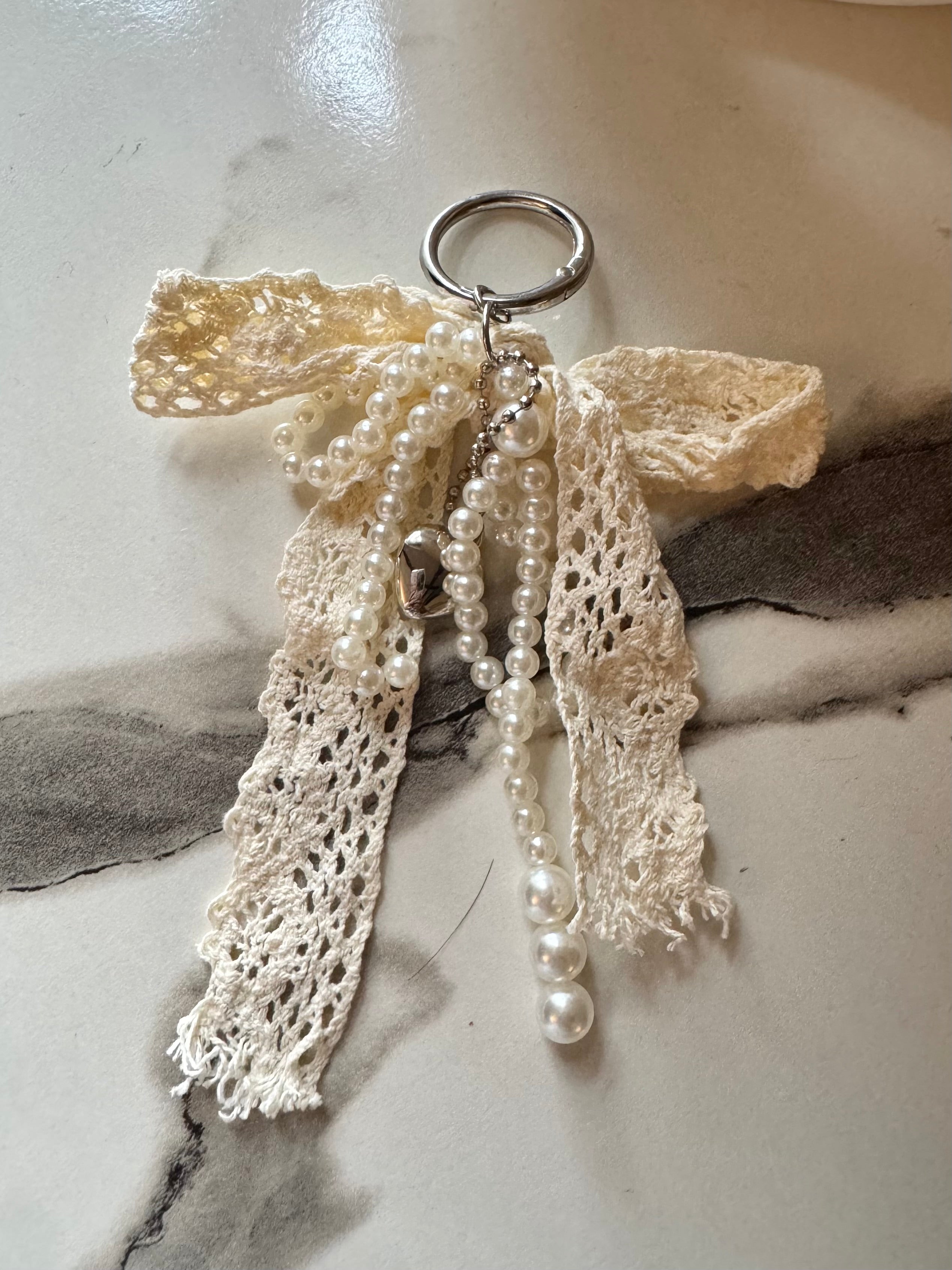 Pearl Heart Bow Bag Charm