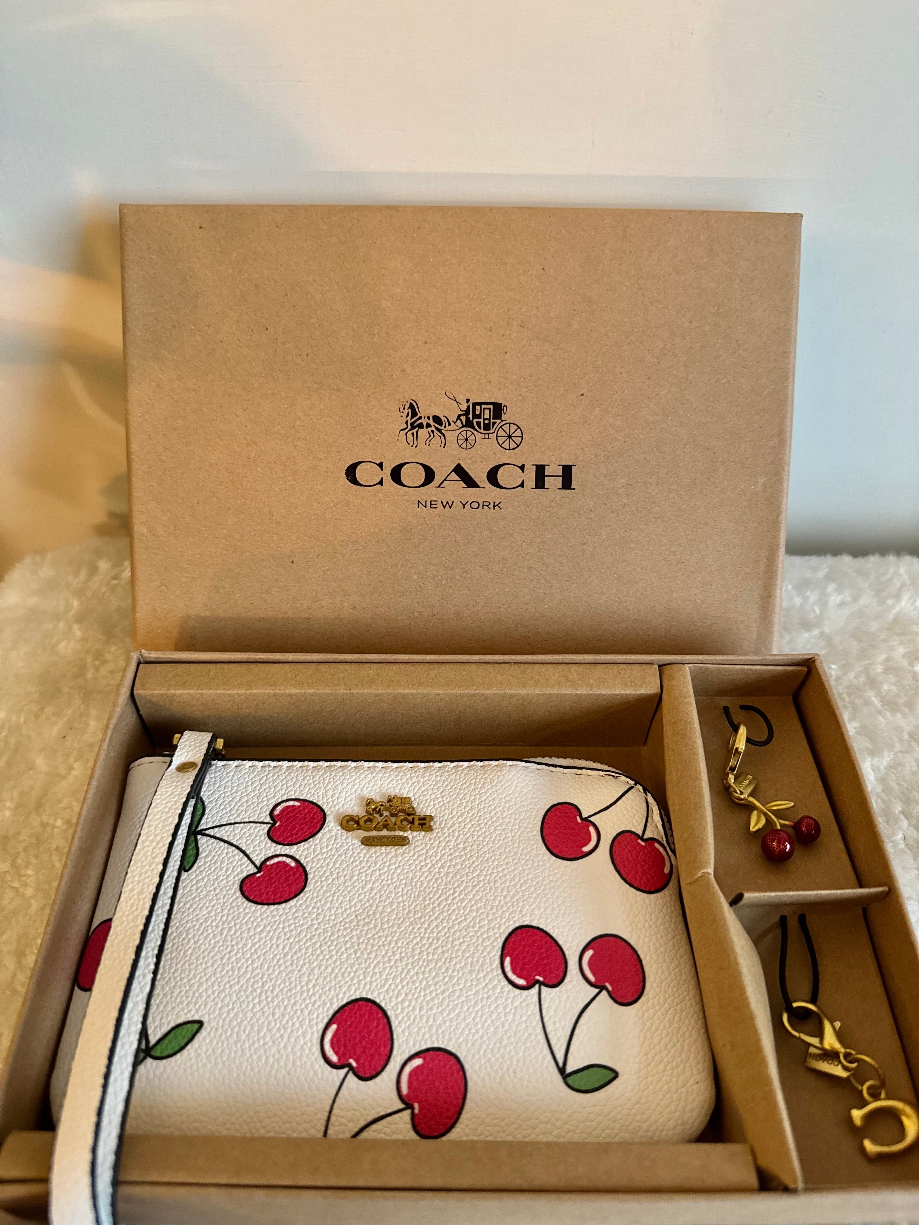 Coach Wristlet Wallet with 2 Charms Gift Set - White Small Cherry