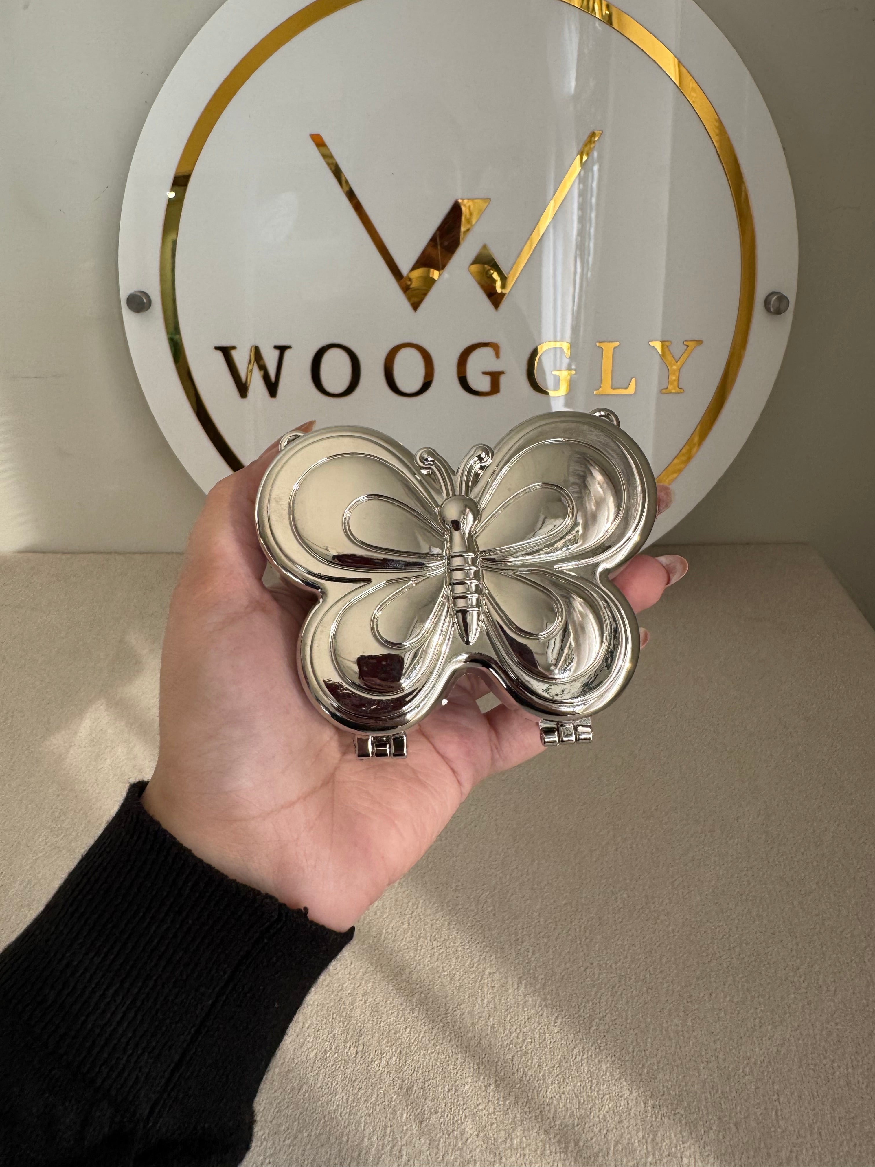 Metallic Butterfly Clutch with Chain - Mini Silver