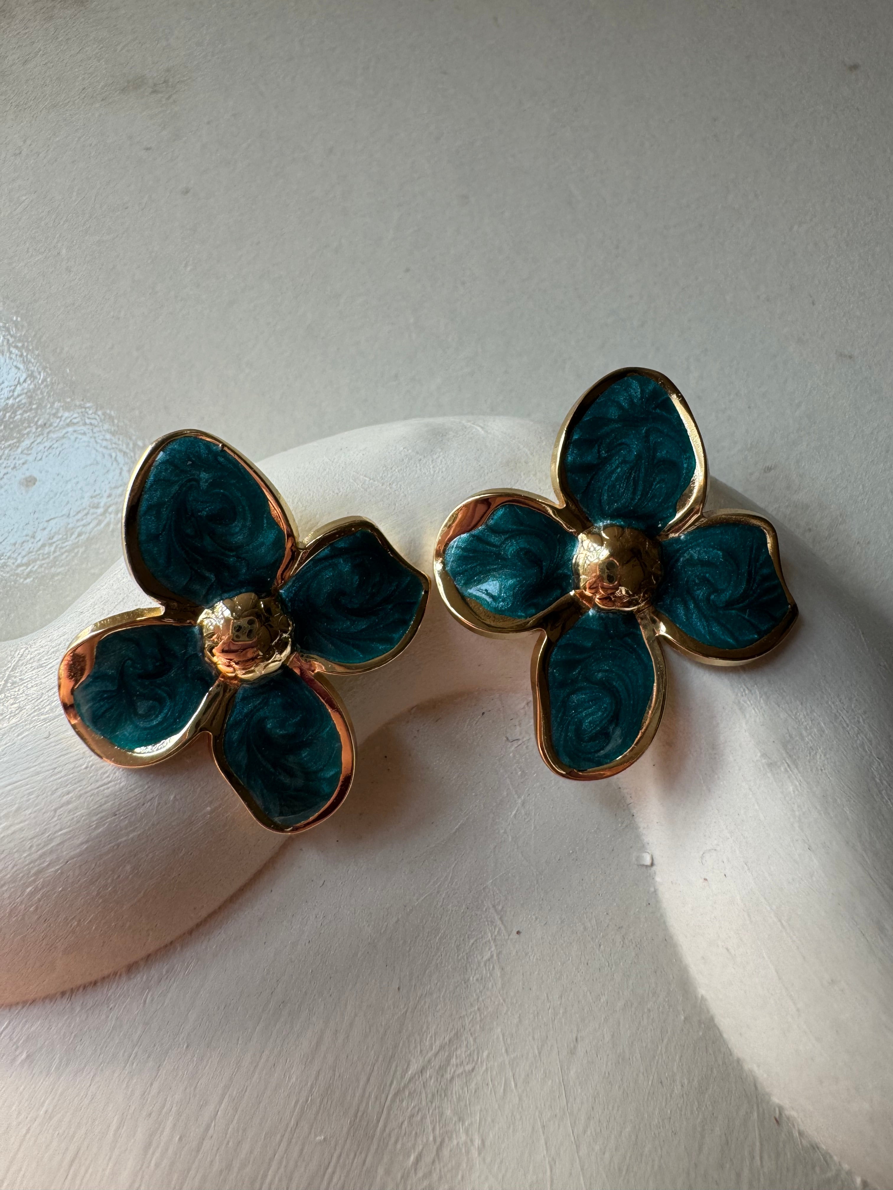 Velvet Floral Studs - Emerald Green & Gold
