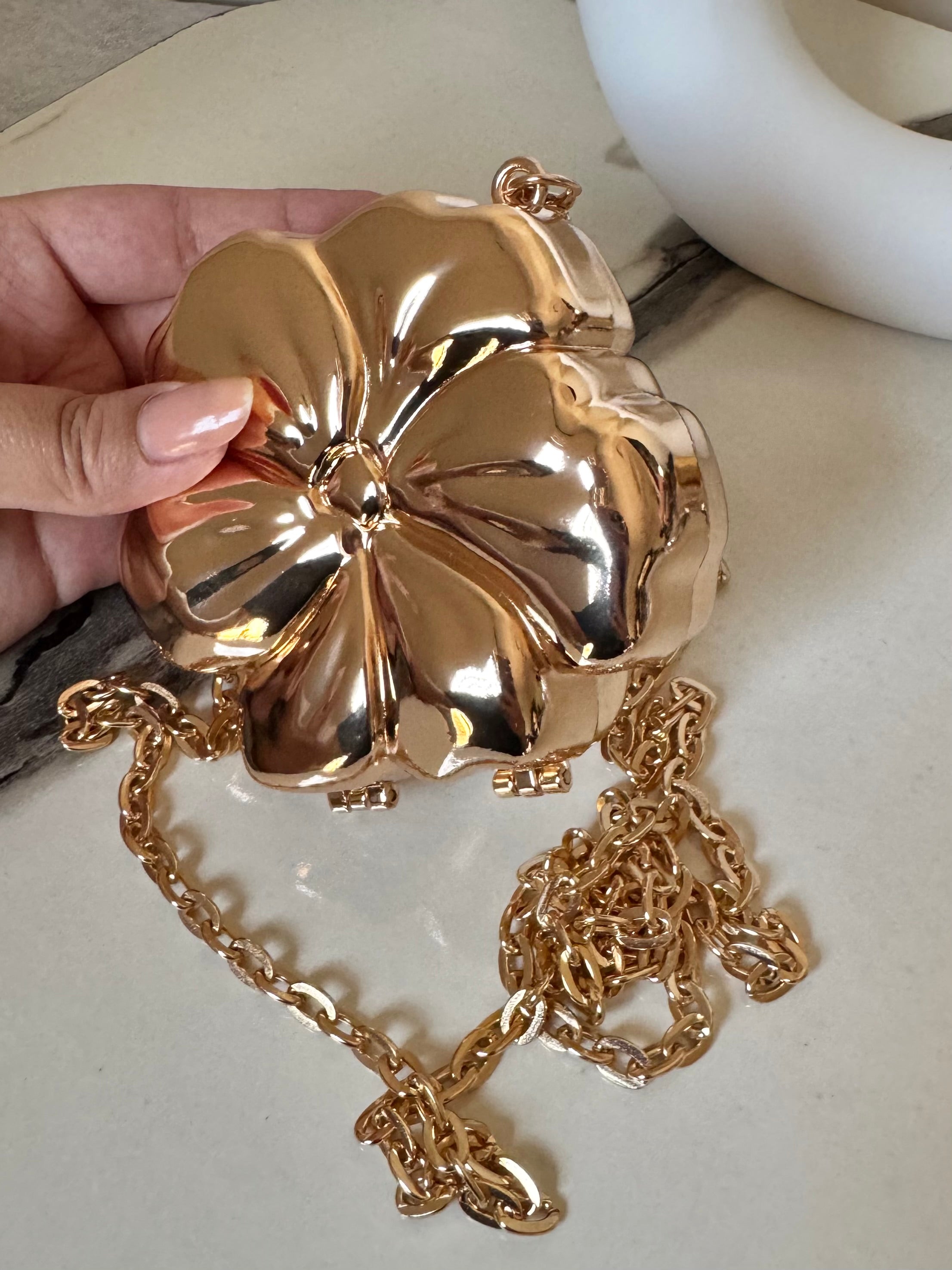 Viral Flower Metallic Clutch with Chain - Gold