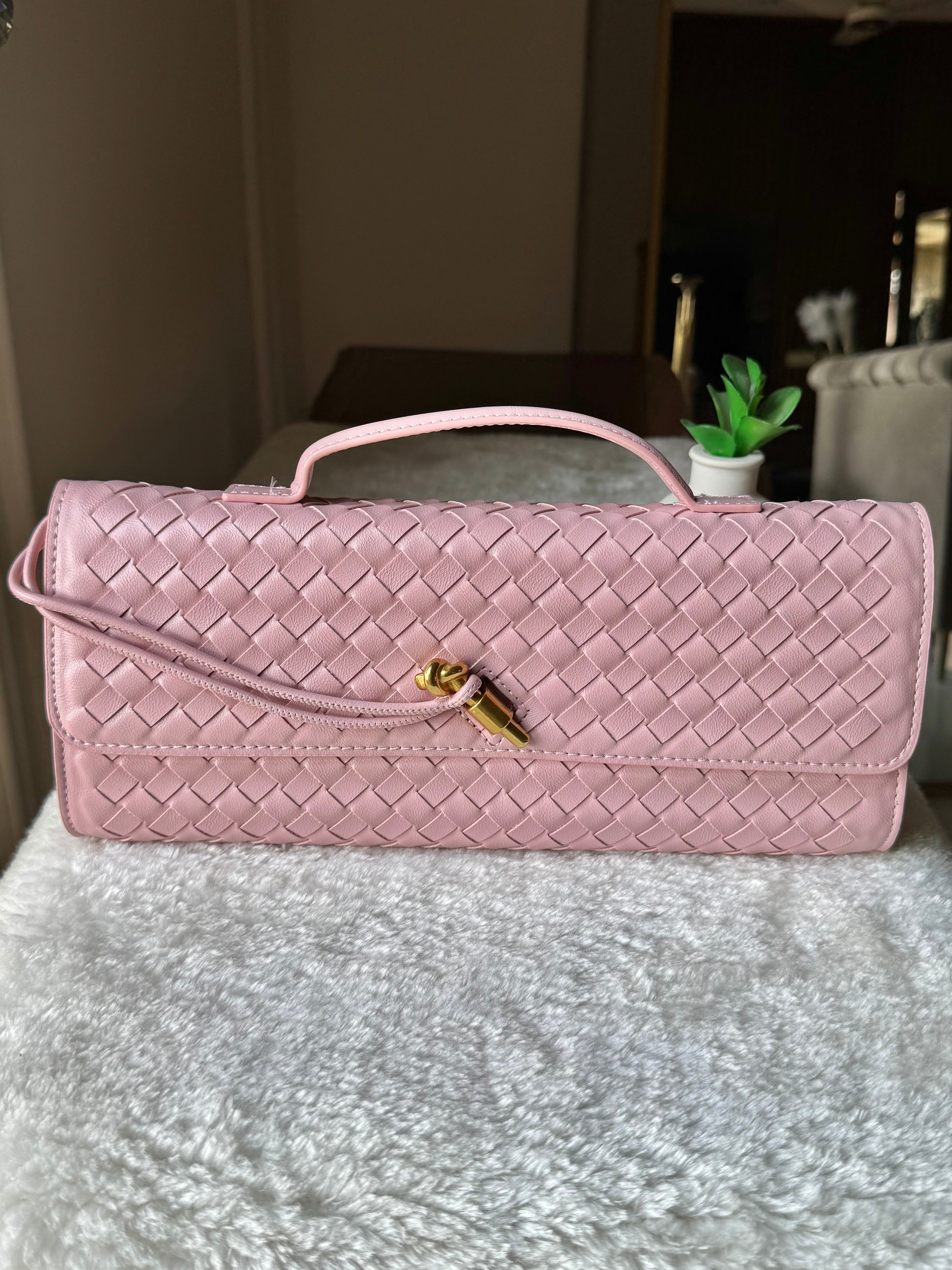 Bottega Veneta Inspired Clutch (Pink) with Long Strap