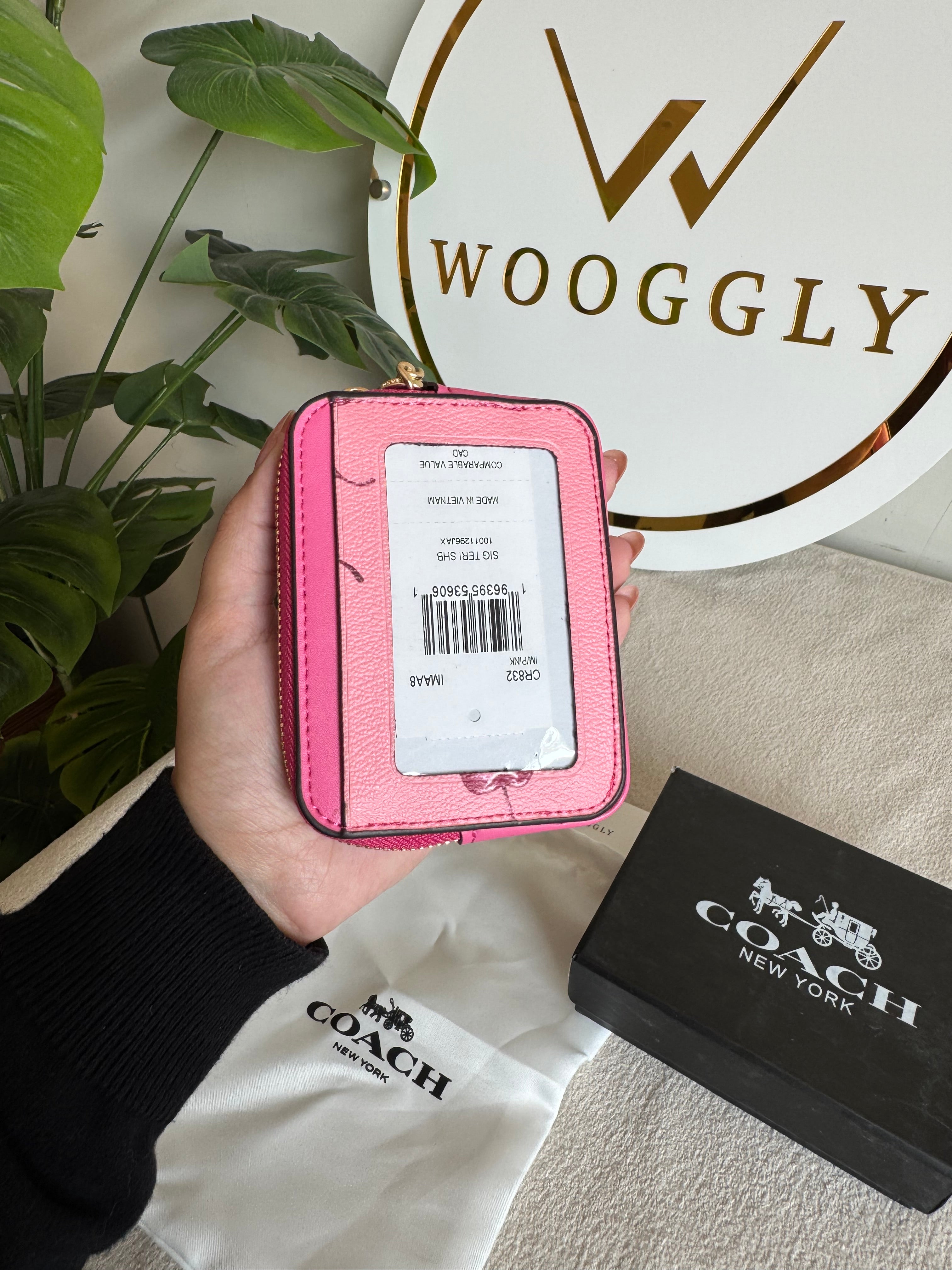 Coach Zip Card Case with Box Packing - Pink with Cherry