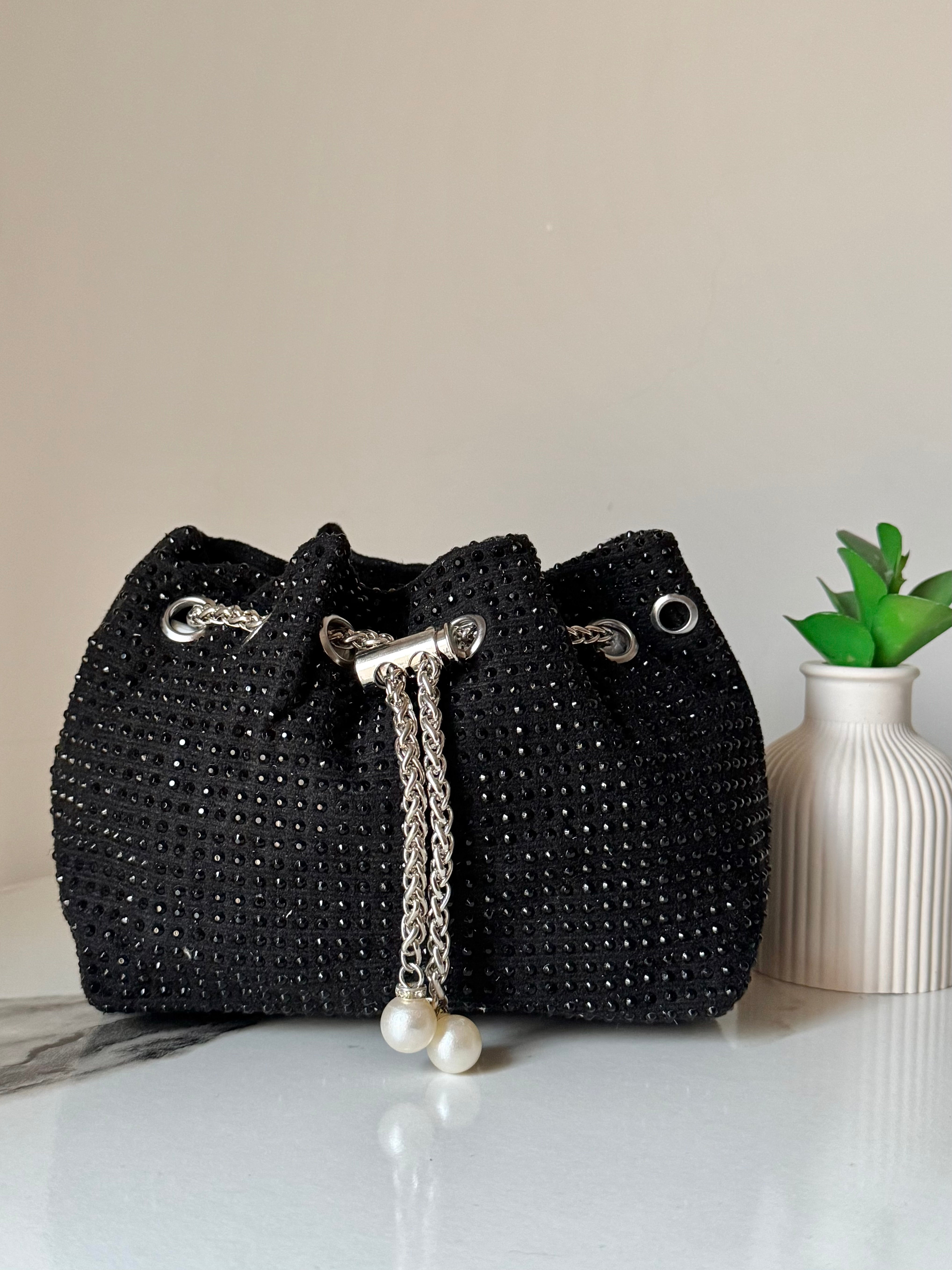 Mira Rhinestone Pouch with Long Chain (Black)