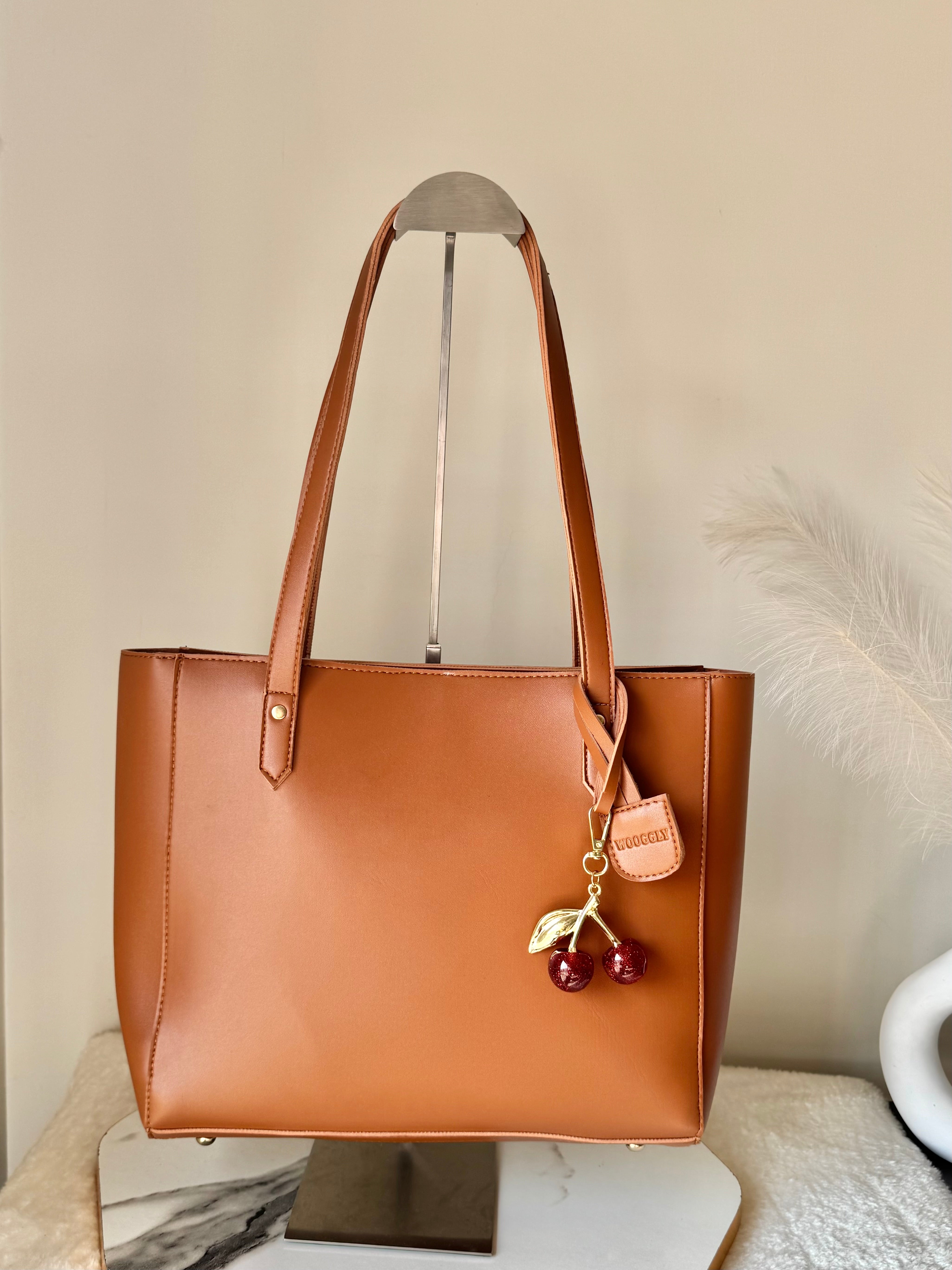 Wooggly Signature Tote Bag with Cherry Charm - Light Brown