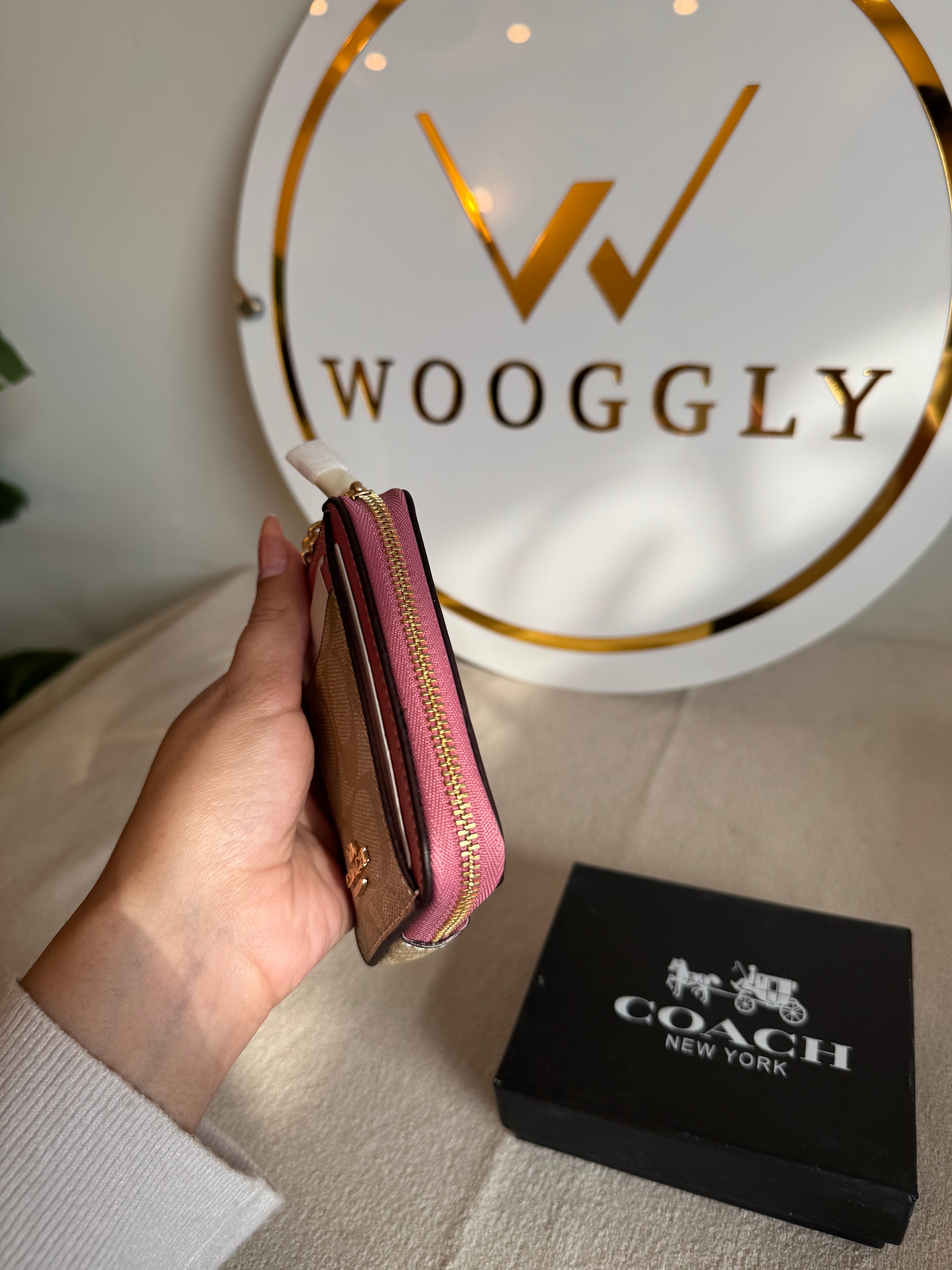 Coach Zip Card Case with Box Packing - Apricot Beige with Pink