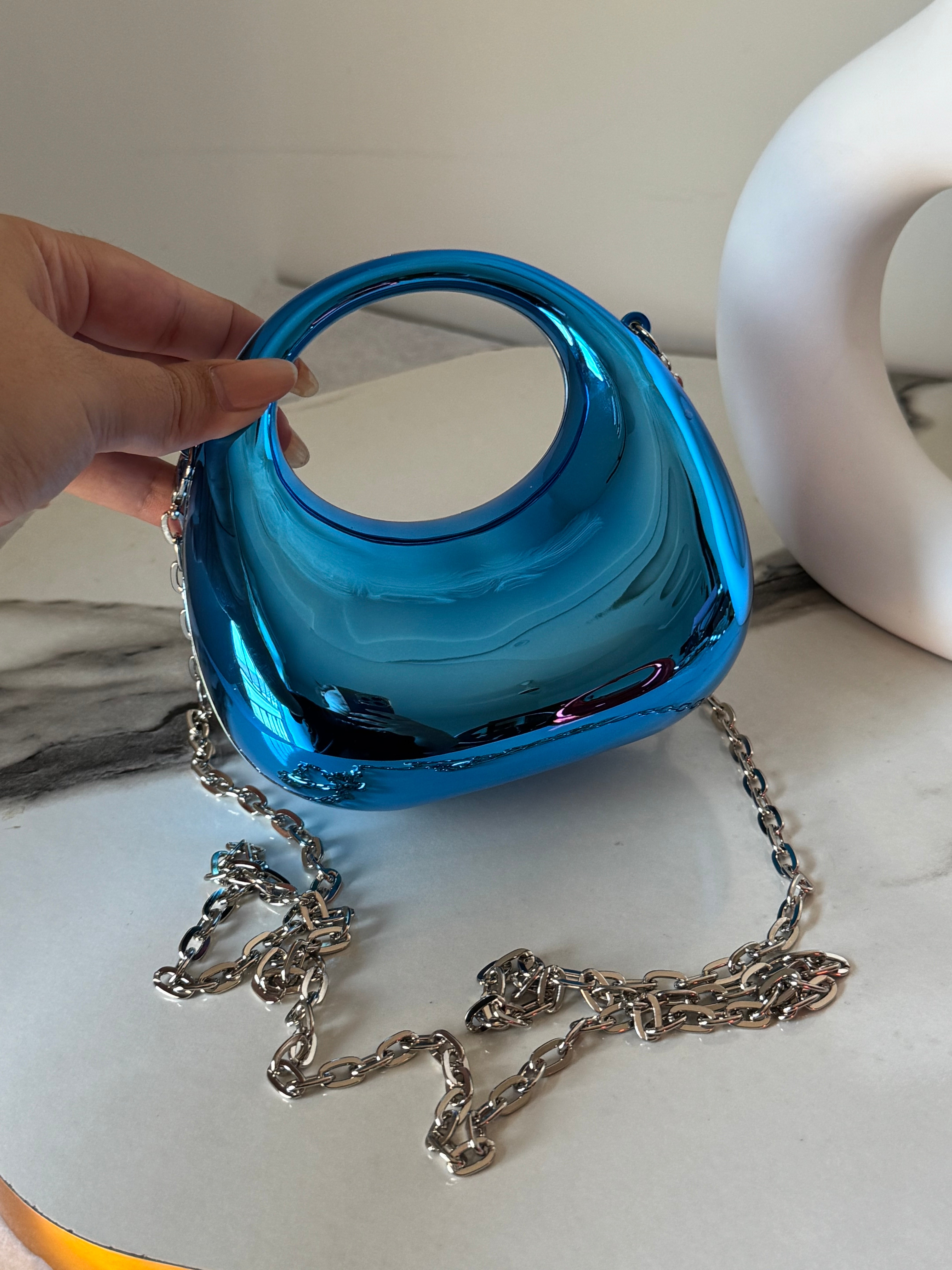 Viral Metallic Clutch with Chain - Mini Blue