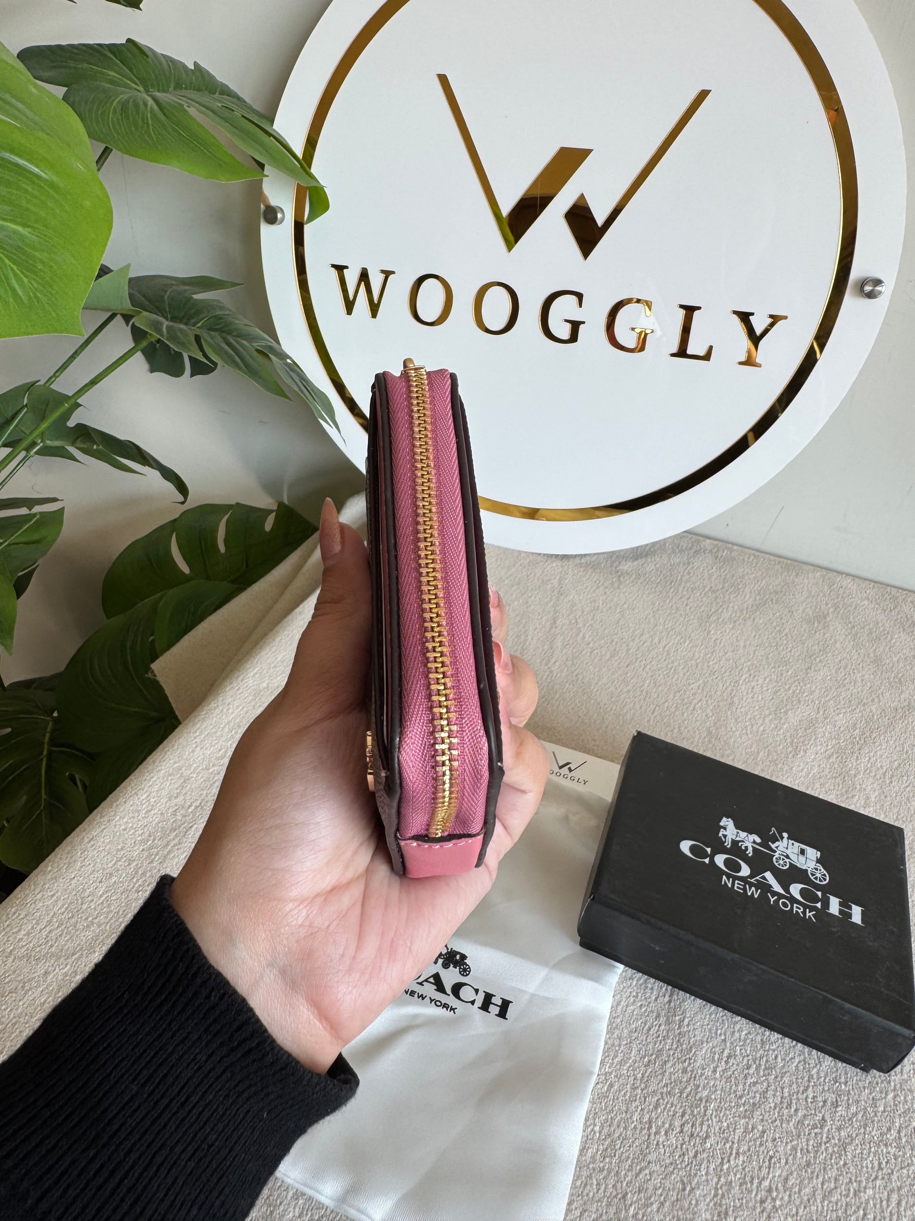 Coach Zip Card Case with Box Packing - Apricot Brown with Pink