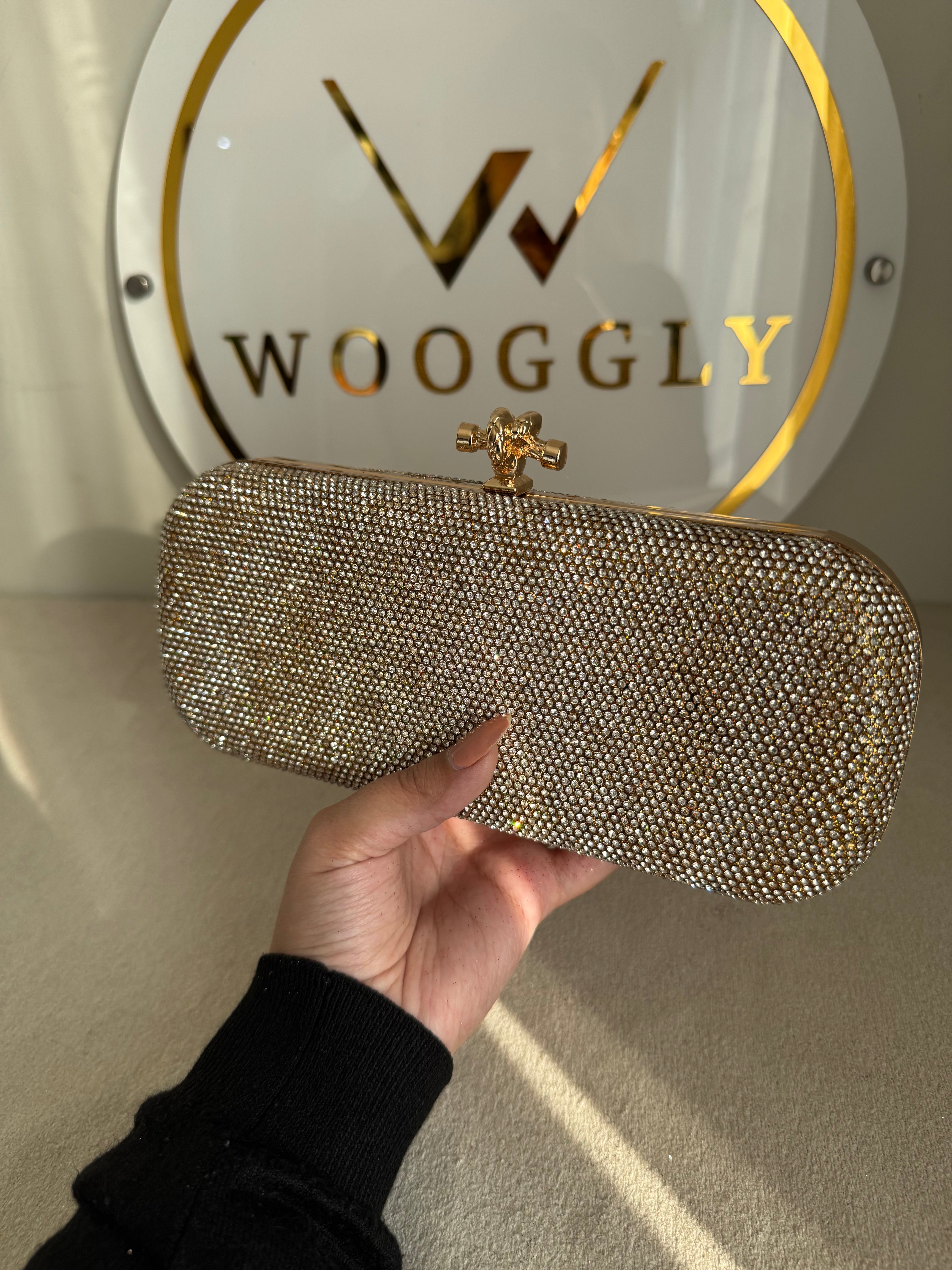 Bottega Shimmer Clutch - Rose Gold with Chain