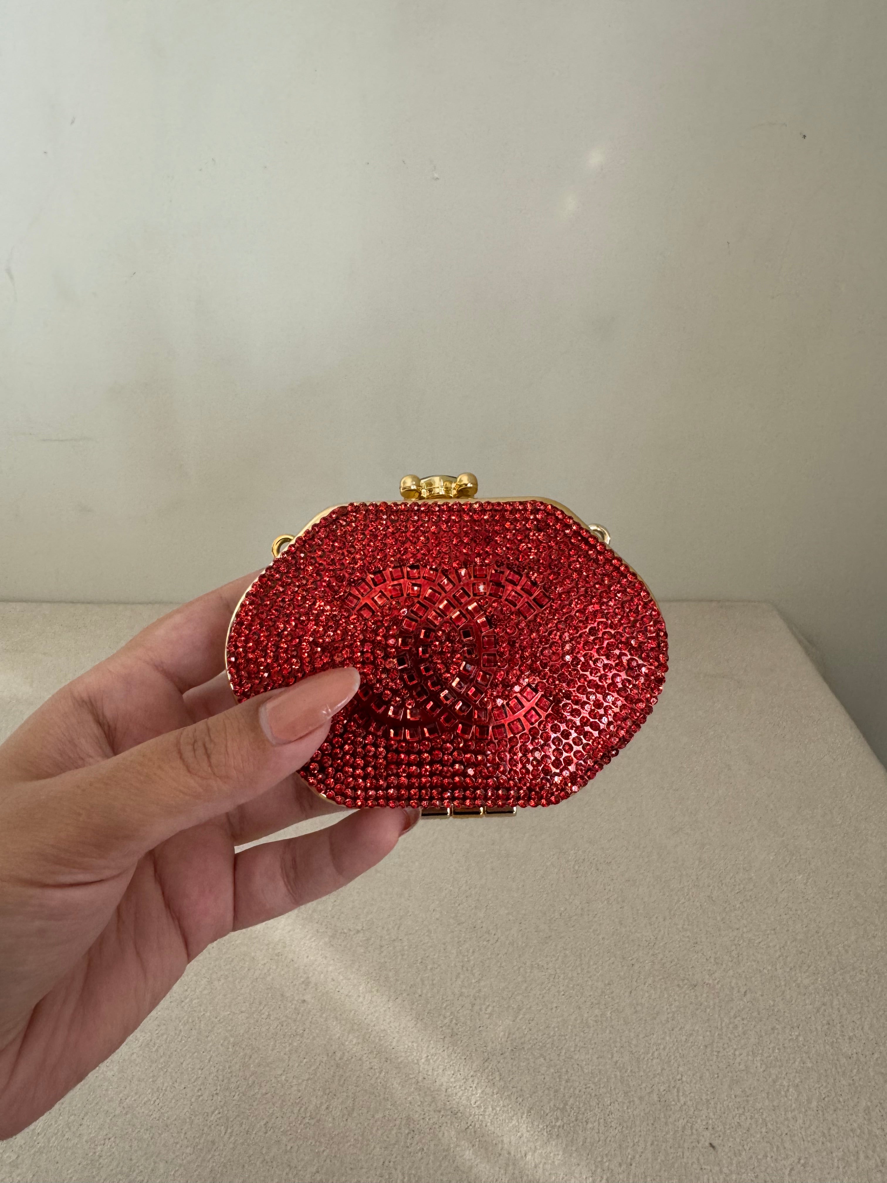 Mini Chanel Embellished Clutch with Chain - Red & Gold