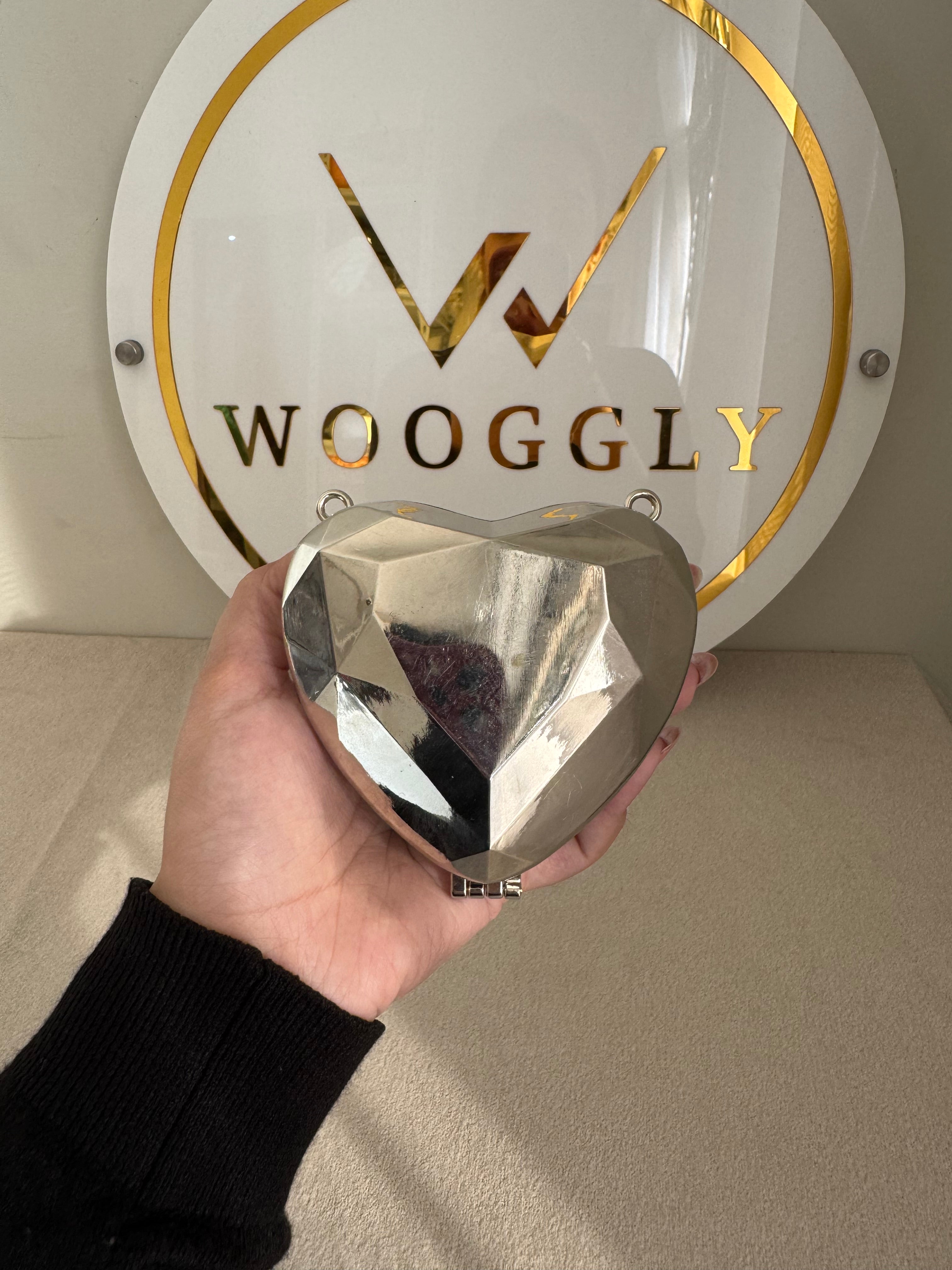 Metallic Heart Clutch with Chain - Mini Silver