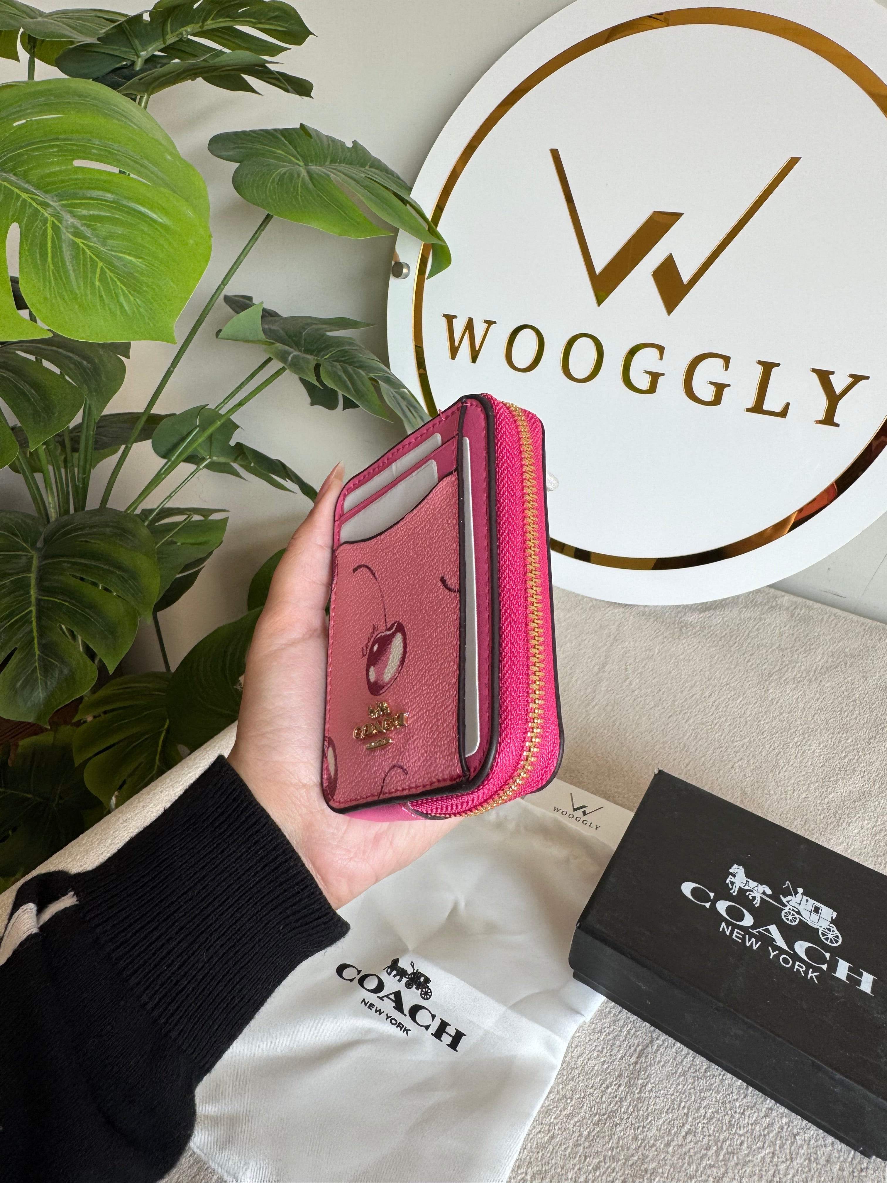 Coach Zip Card Case with Box Packing - Pink with Cherry