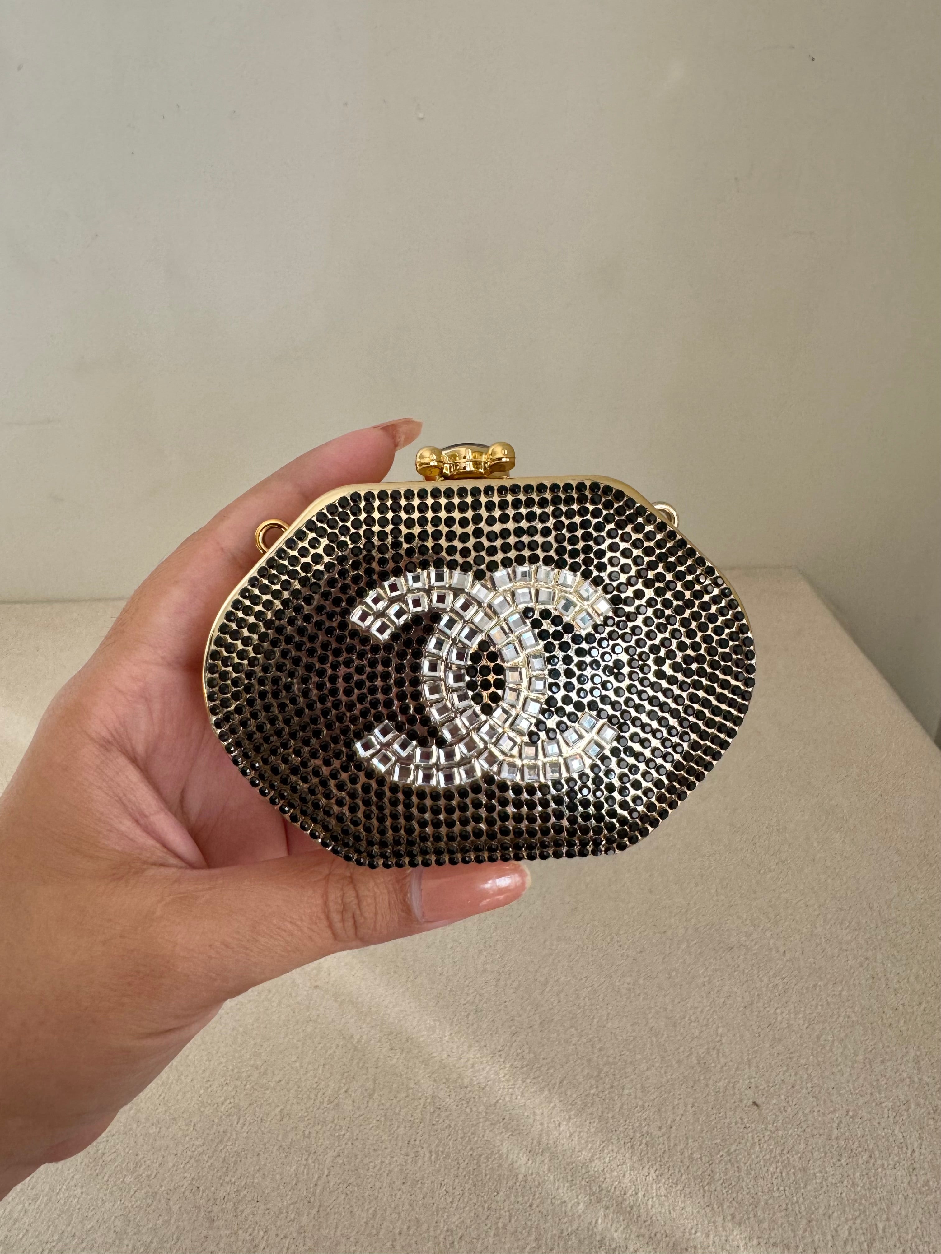 Mini Chanel Embellished Clutch with Chain - Black & Gold