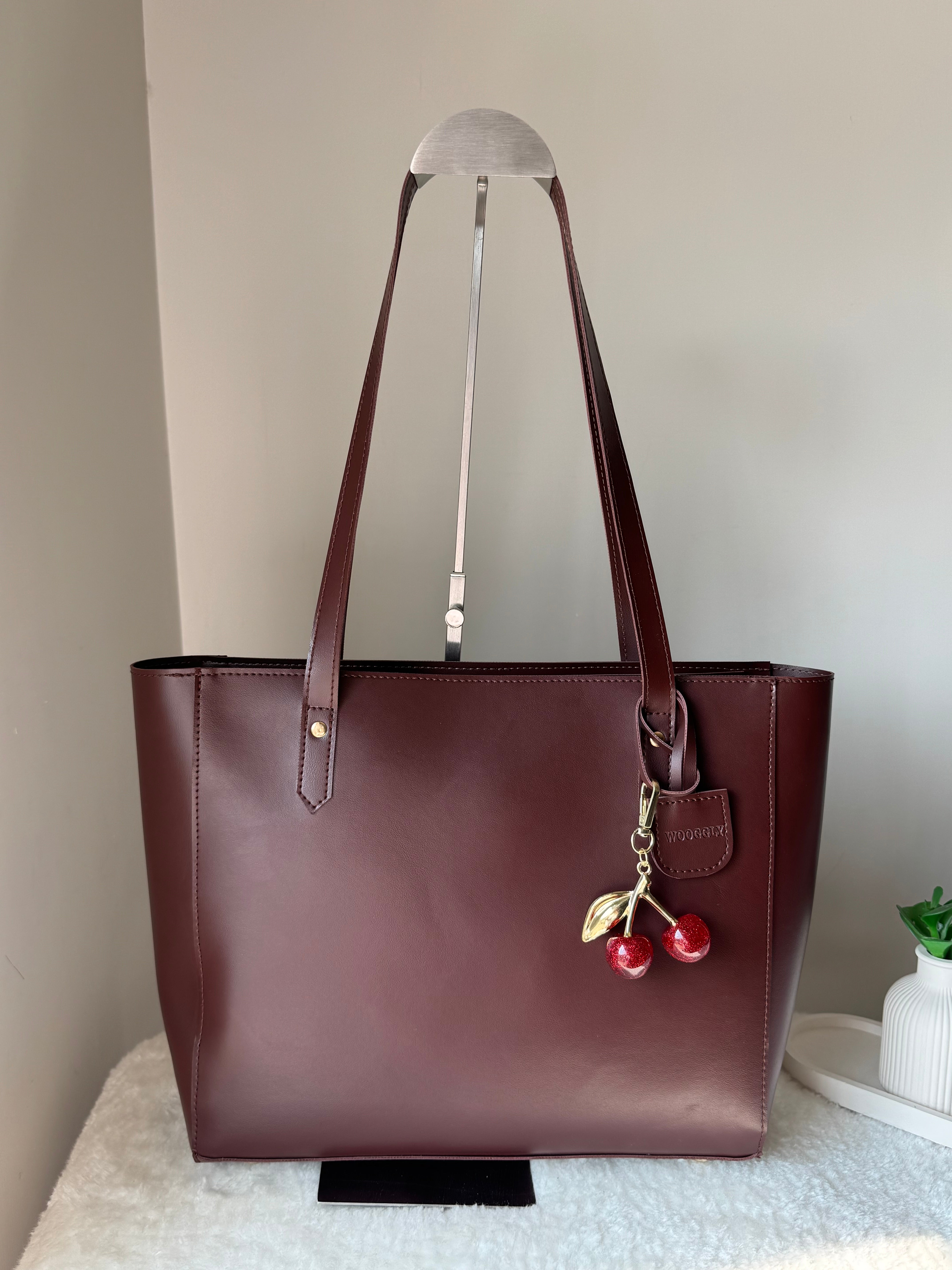 Wooggly Signature Tote Bag with Cherry Charm - Chocolate Brown