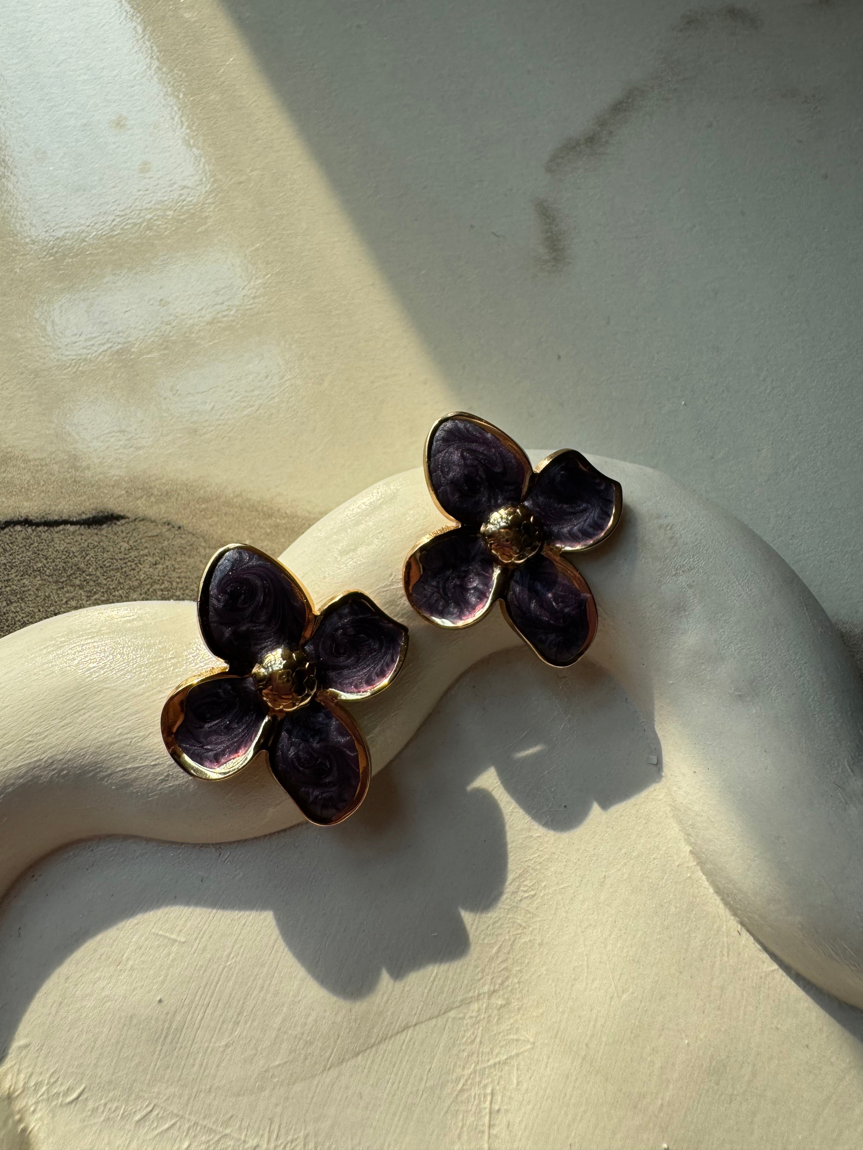 Velvet Floral Studs - Purple & Gold