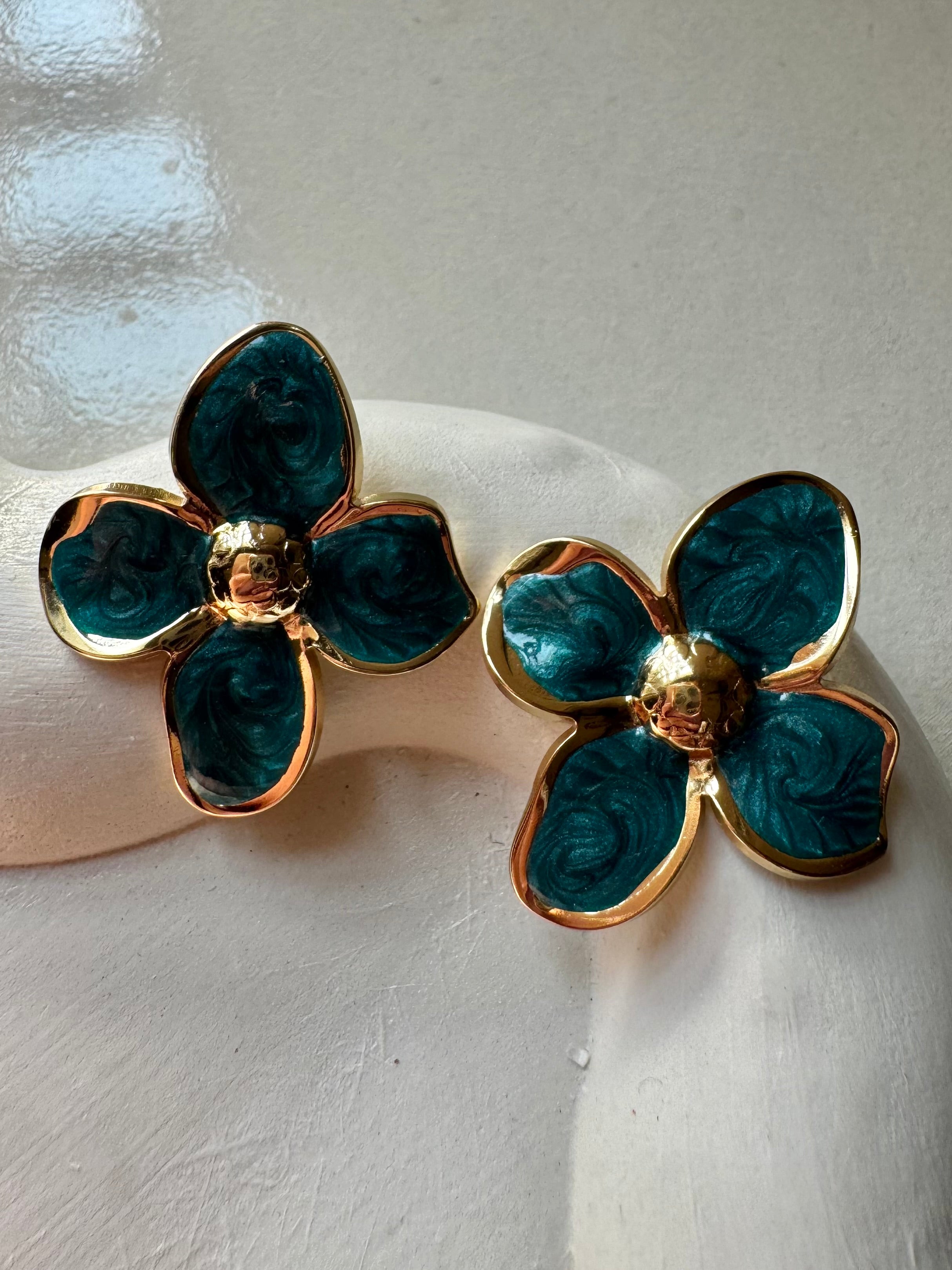 Velvet Floral Studs - Emerald Green & Gold