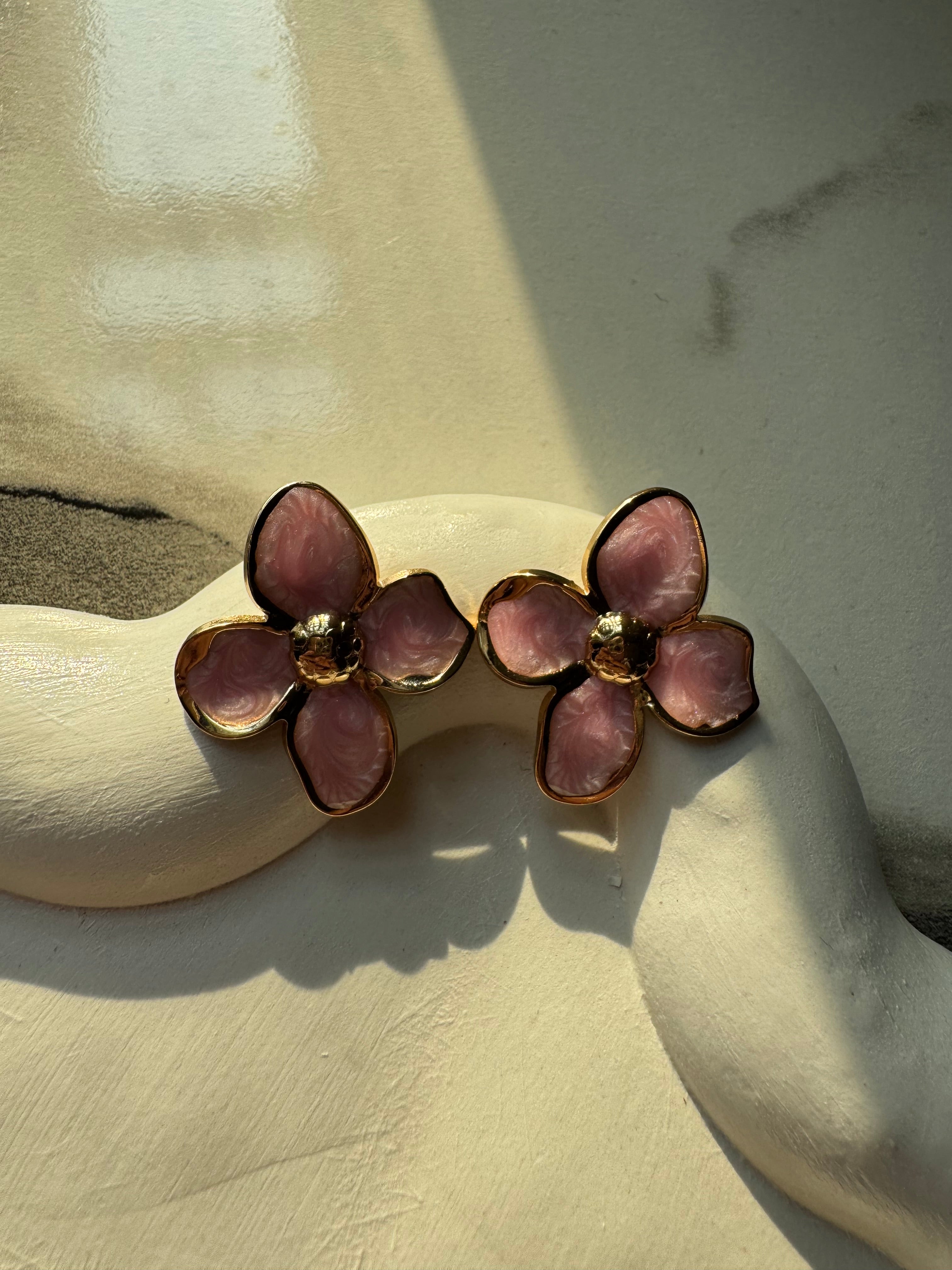 Velvet Floral Studs - Peach & Gold